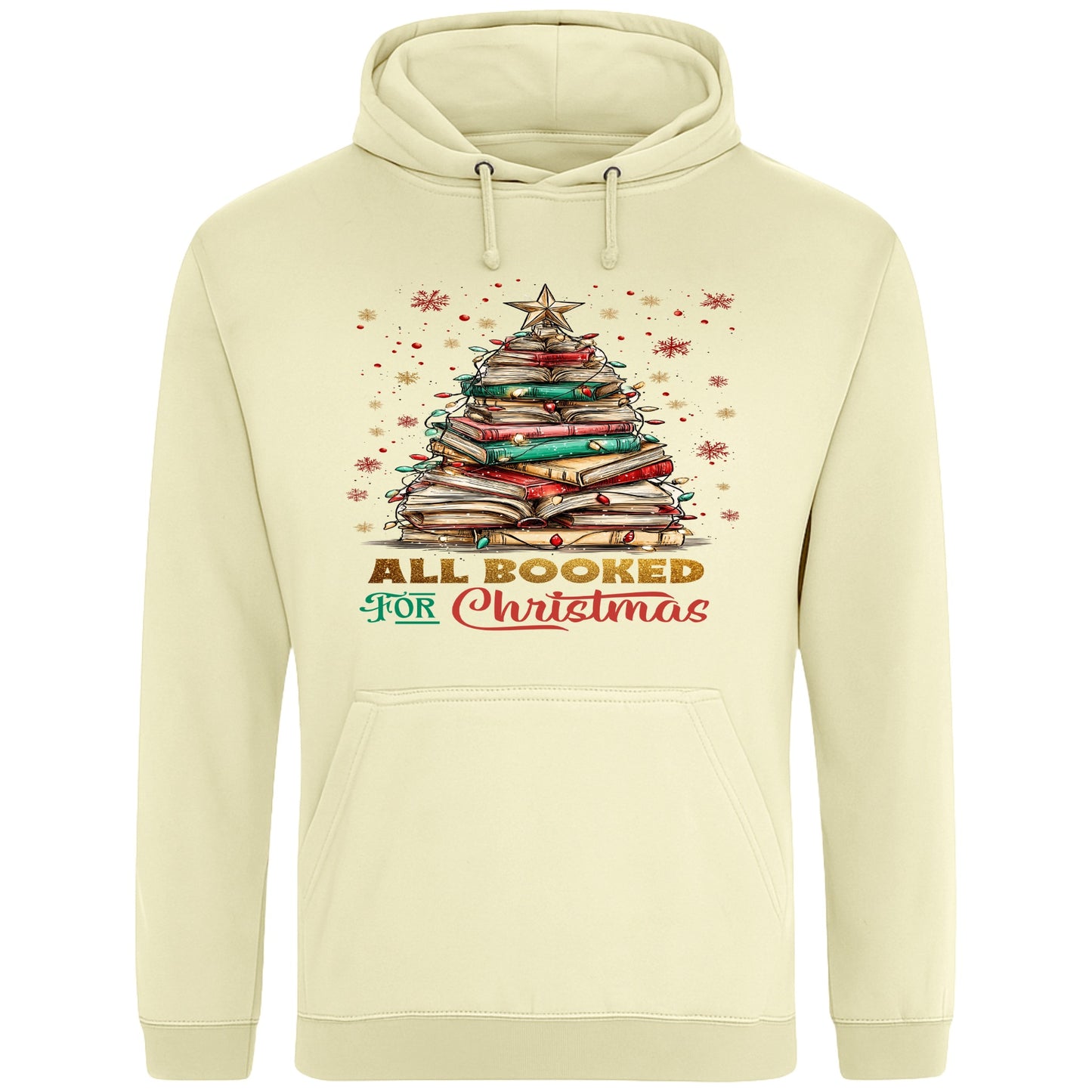 Vanilla milkshake colour All Booked For Christmas hoodie featuring a Christmas tree made from stacked books with festive lights and a golden star, a cosy Christmas book lover hoodie for readers, bookworms, librarians, and holiday reading.