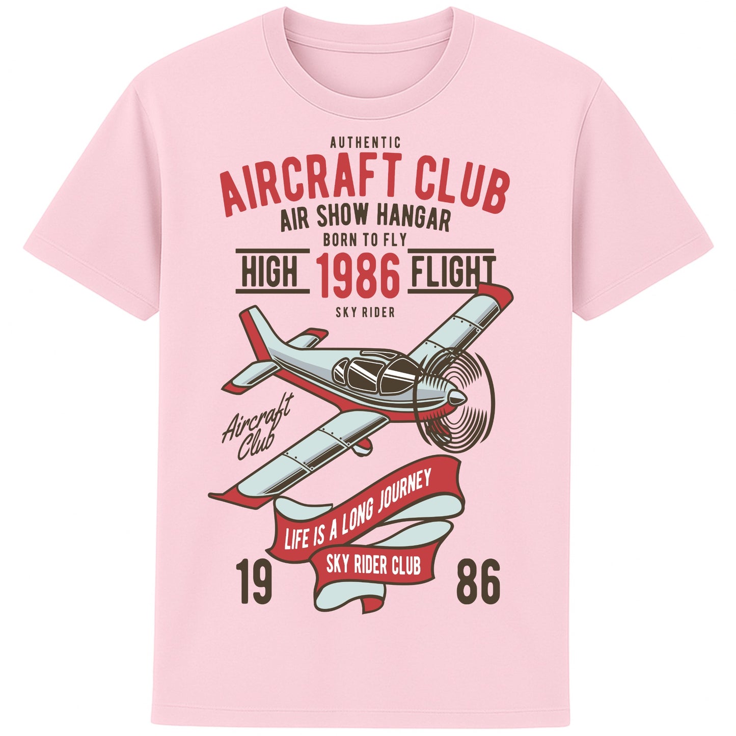 Pink Authentic Aircraft Club T-Shirt featuring bold airplane print, soft cotton comfort, and a classic retro vibe perfect for aviation lovers.