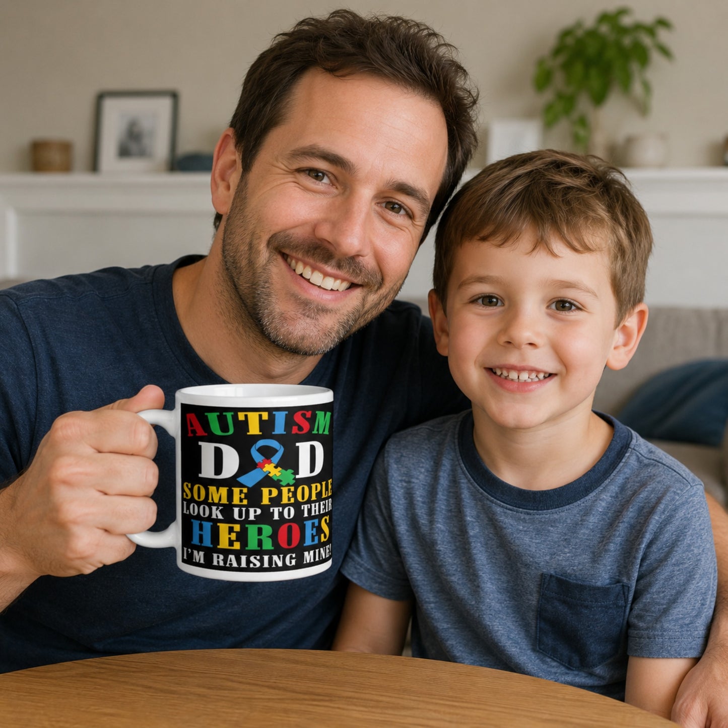 Autism dad holding a coffee mug with colourful autism awareness ribbon and “Some People Look Up To Their Heroes I'm Raising Mine” design while spending time with his son at hom