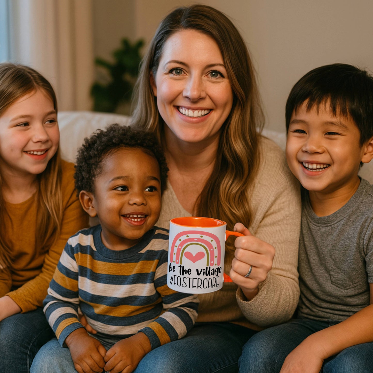 a woman with her foster kids holding a orange ceramic mug with a rainbow and heart design featuring the message 'Be the Village #FosterCare' — a thoughtful gift to support foster care awareness."