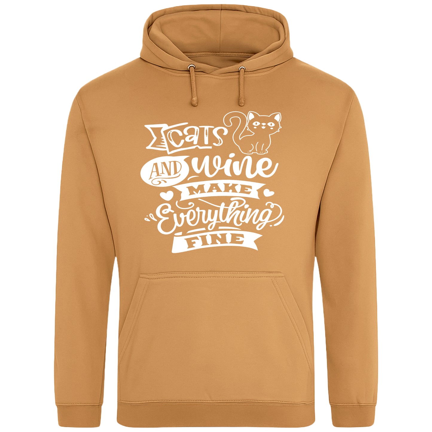 A cozy caramel latte colour hoodie featuring a playful design with a cat illustration and the phrase "Cats and Wine Make Everything Fine" printed on the front.