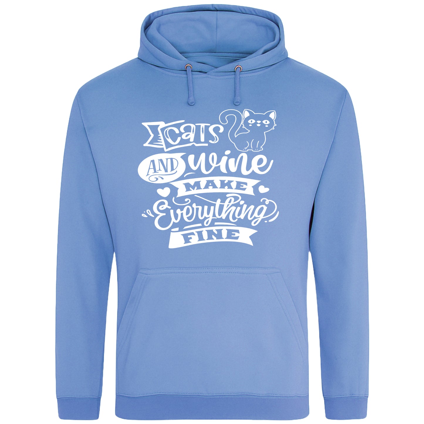 A cozy cornflower blue colour hoodie featuring a playful design with a cat illustration and the phrase "Cats and Wine Make Everything Fine" printed on the front.