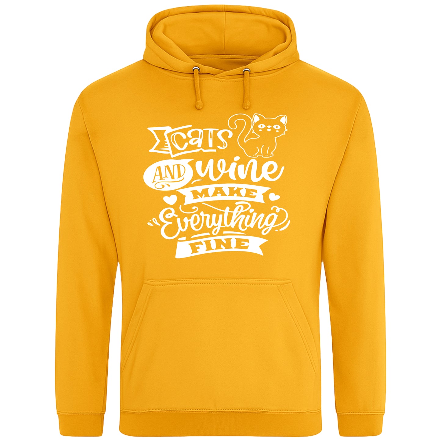 A cozy gold hoodie featuring a playful design with a cat illustration and the phrase "Cats and Wine Make Everything Fine" printed on the front.