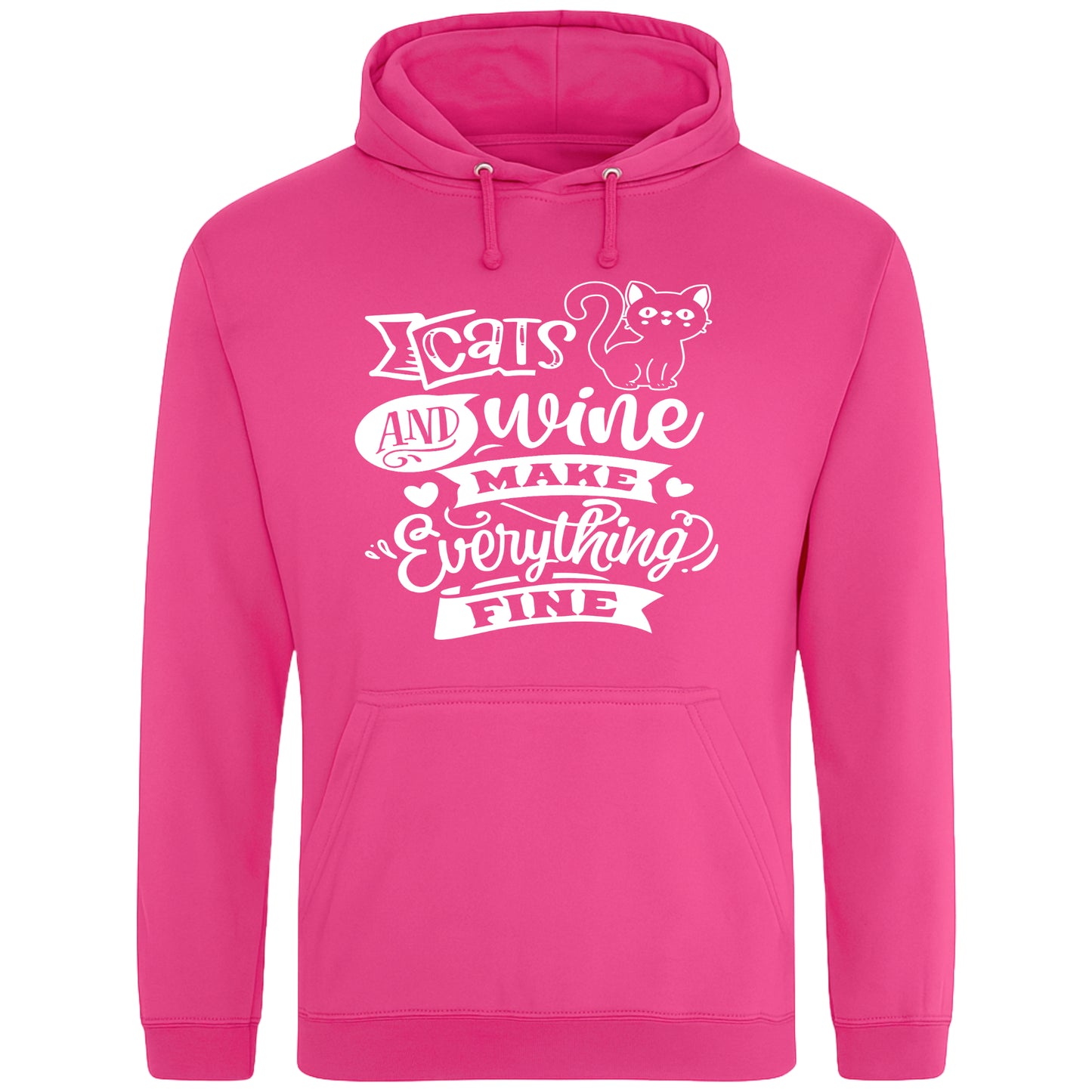 A cozy hot pink hoodie featuring a playful design with a cat illustration and the phrase "Cats and Wine Make Everything Fine" printed on the front.