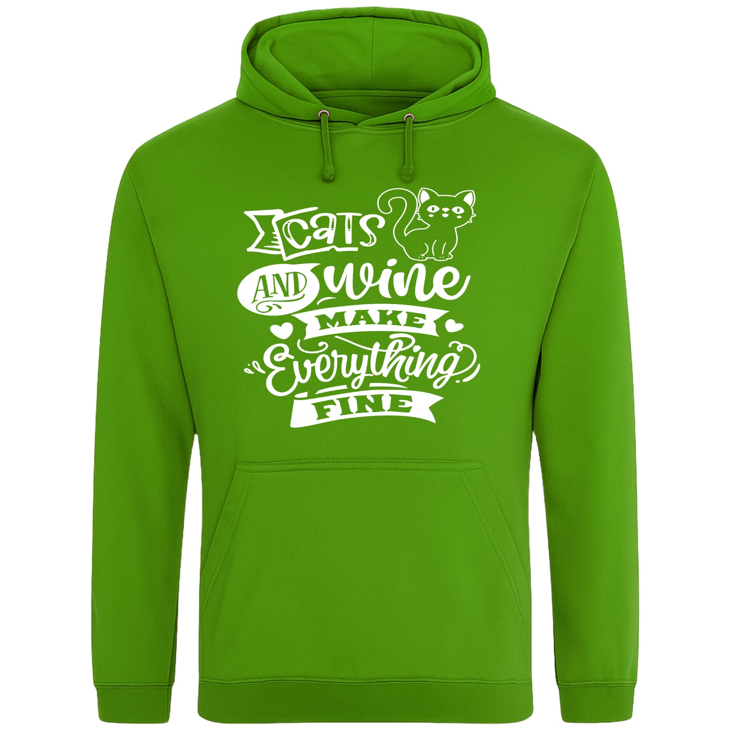 A cozy lime green hoodie featuring a playful design with a cat illustration and the phrase "Cats and Wine Make Everything Fine" printed on the front.