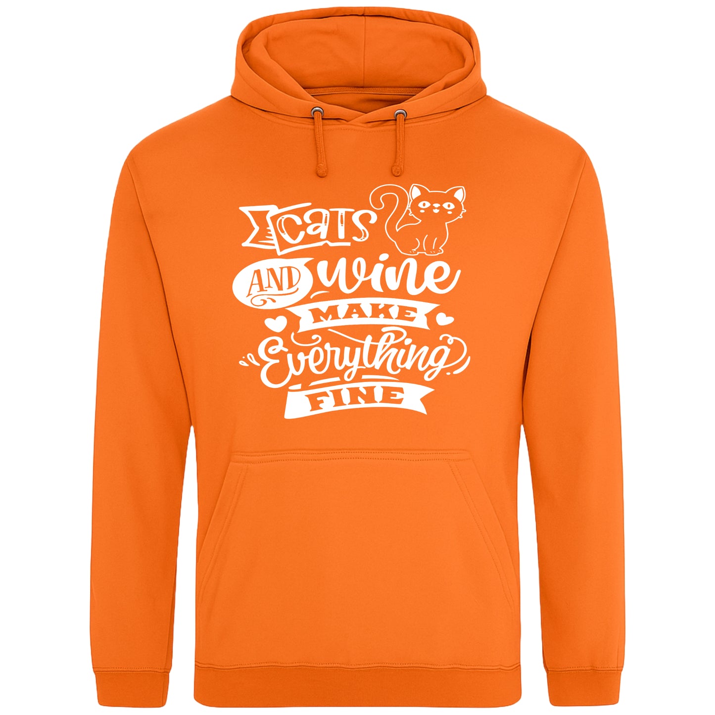 A cozy orange hoodie featuring a playful design with a cat illustration and the phrase "Cats and Wine Make Everything Fine" printed on the front.