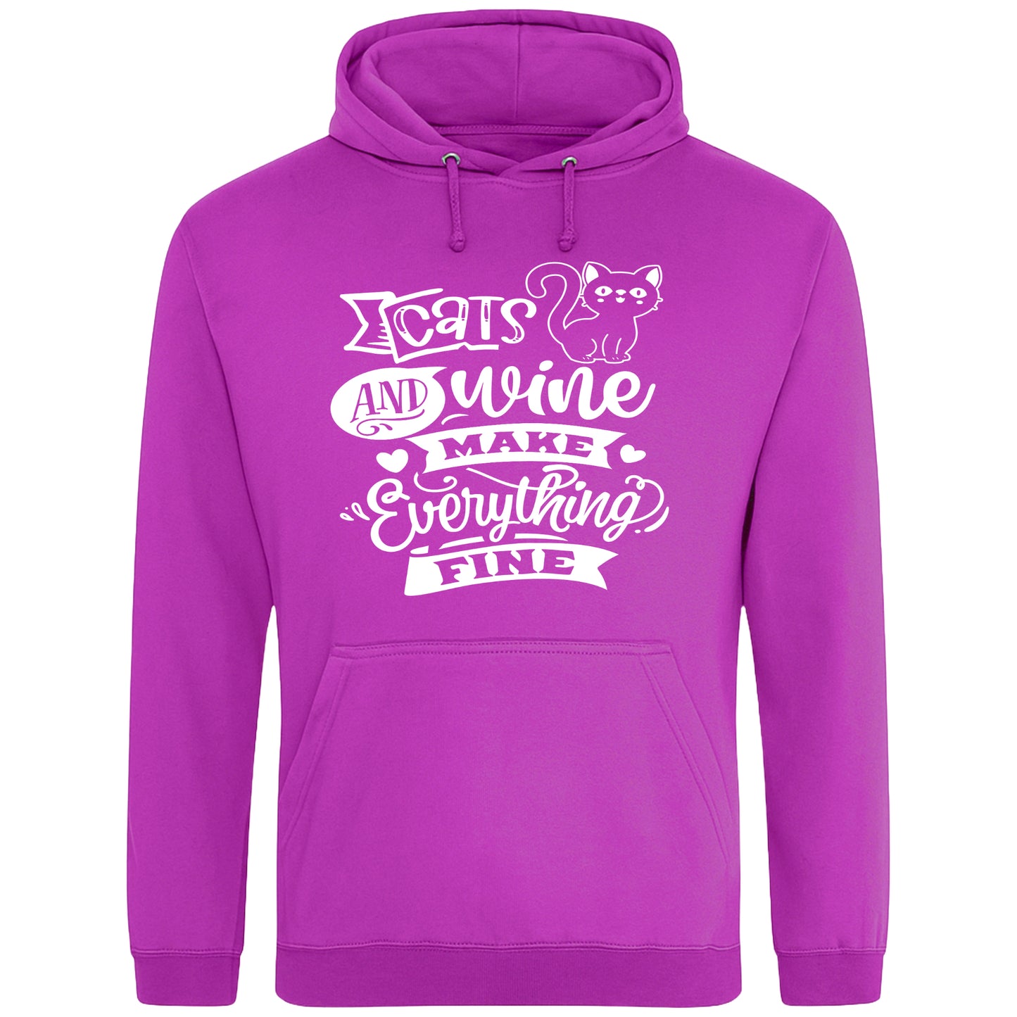 A cozy pinky purple colour hoodie featuring a playful design with a cat illustration and the phrase "Cats and Wine Make Everything Fine" printed on the front.