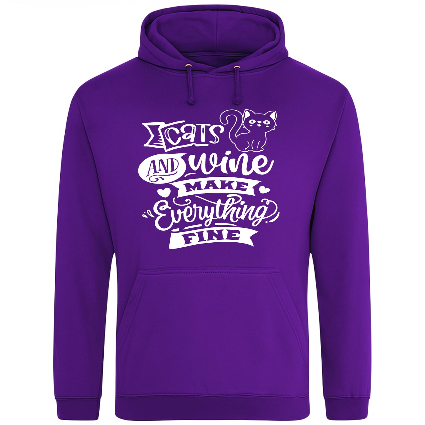 A cozy purple hoodie featuring a playful design with a cat illustration and the phrase "Cats and Wine Make Everything Fine" printed on the front.