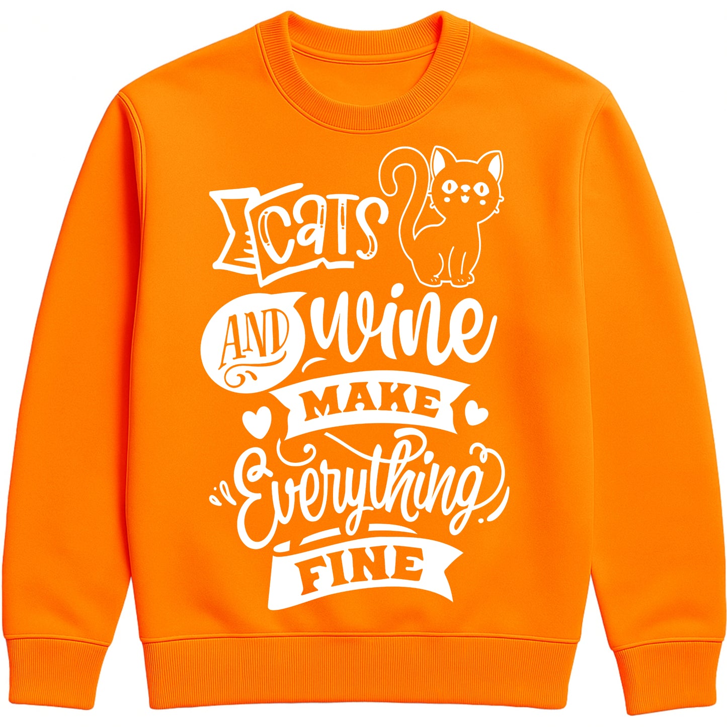 Funny unisex sweatshirt with “Cats and Wine Make Everything Fine” quote, ideal gift for cat moms, wine lovers, and cozy nights in orange colour
