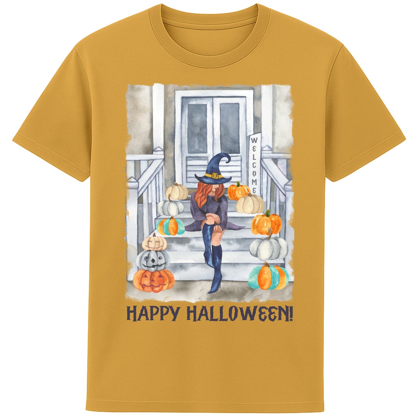 A ochre colour cute witch Halloween shirt featuring a stylish witch sitting on a pumpkin-filled porch surrounded by autumn leaves and pumpkins, cosy fall graphic tee for spooky season and pumpkin patch outings
