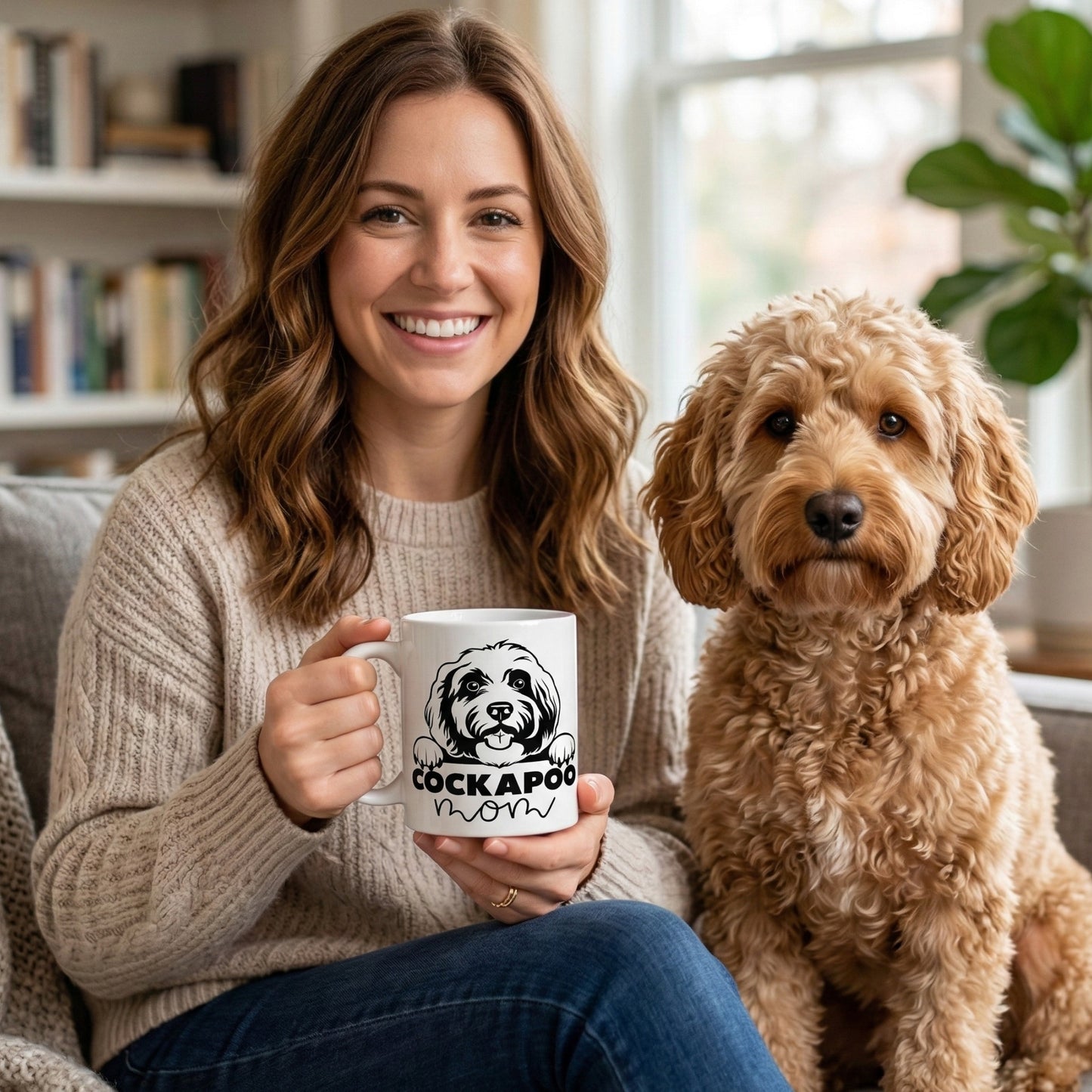 Woman holding a Cockapoo Mom coffee mug while sitting beside her Cockapoo dog at home, a thoughtful dog mom gift for Cockapoo lovers and coffee enthusiasts.