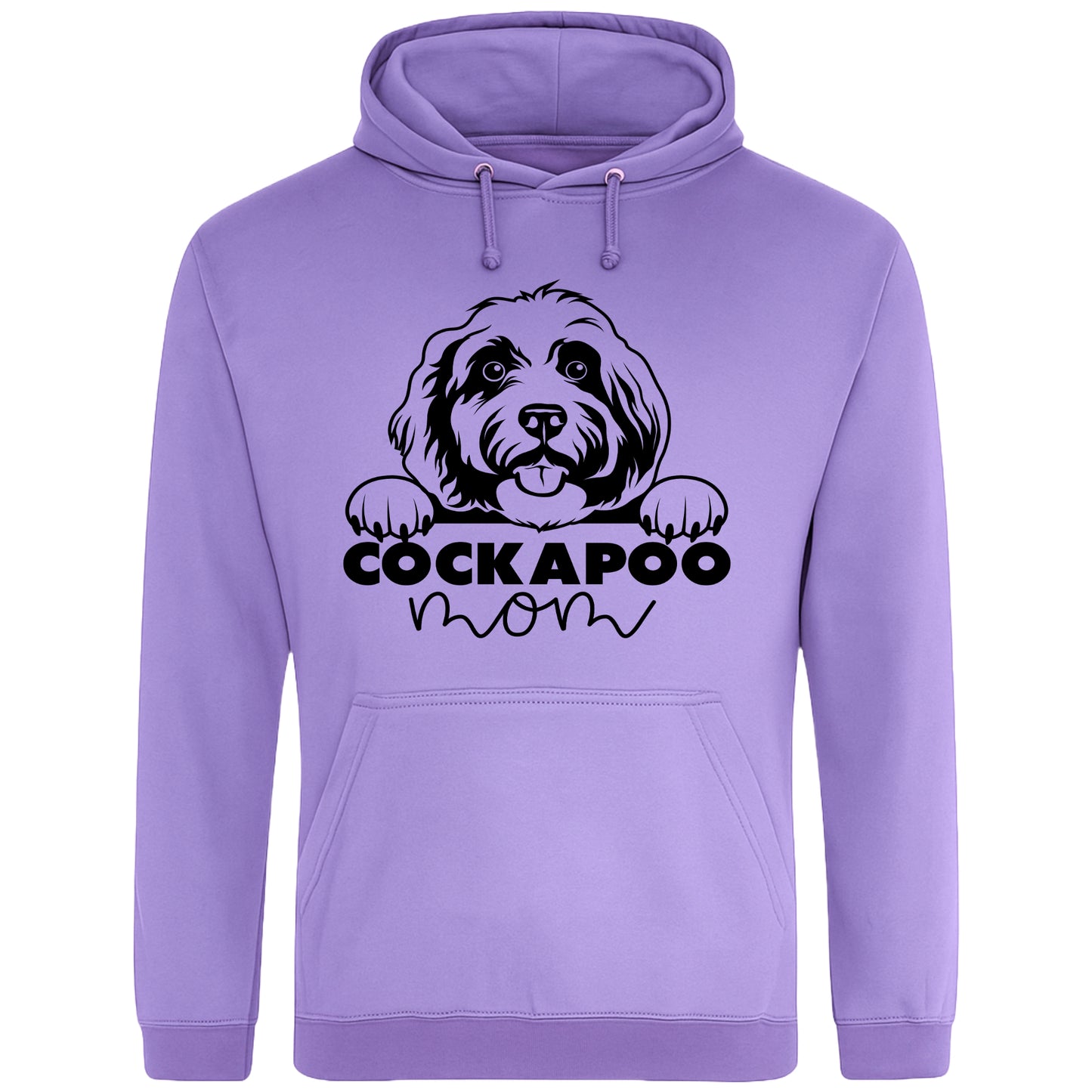 A lavender hoodie with a playful design featuring a cartoon Cockapoo dog peeking over the bold text 'Cockapoo Mom' in a mix of black and pink fonts. The dog has a cute expression with its tongue out and paws hanging over the text."