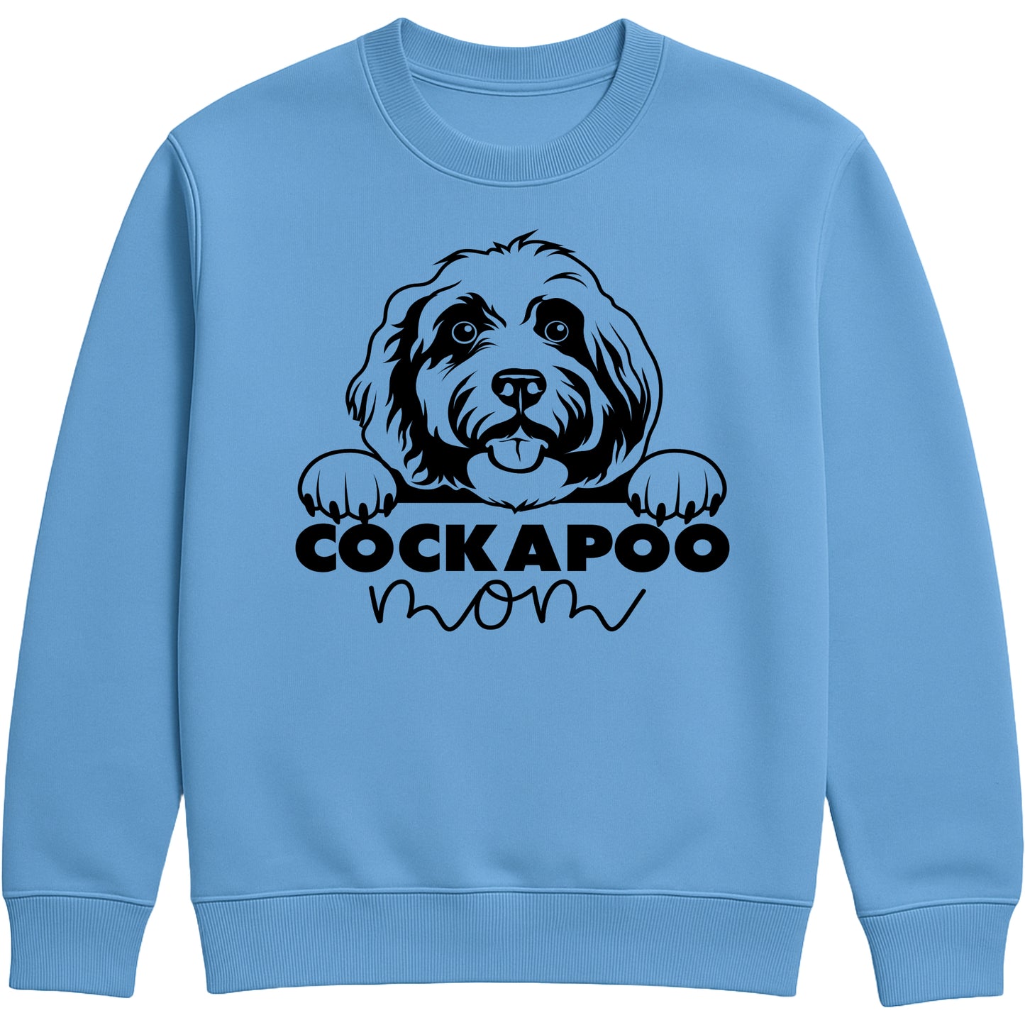 Cornflower blue colour sweatshirt with "Cockapoo Mom" text and a cute Cockapoo face graphic, perfect for dog moms and pet lovers.