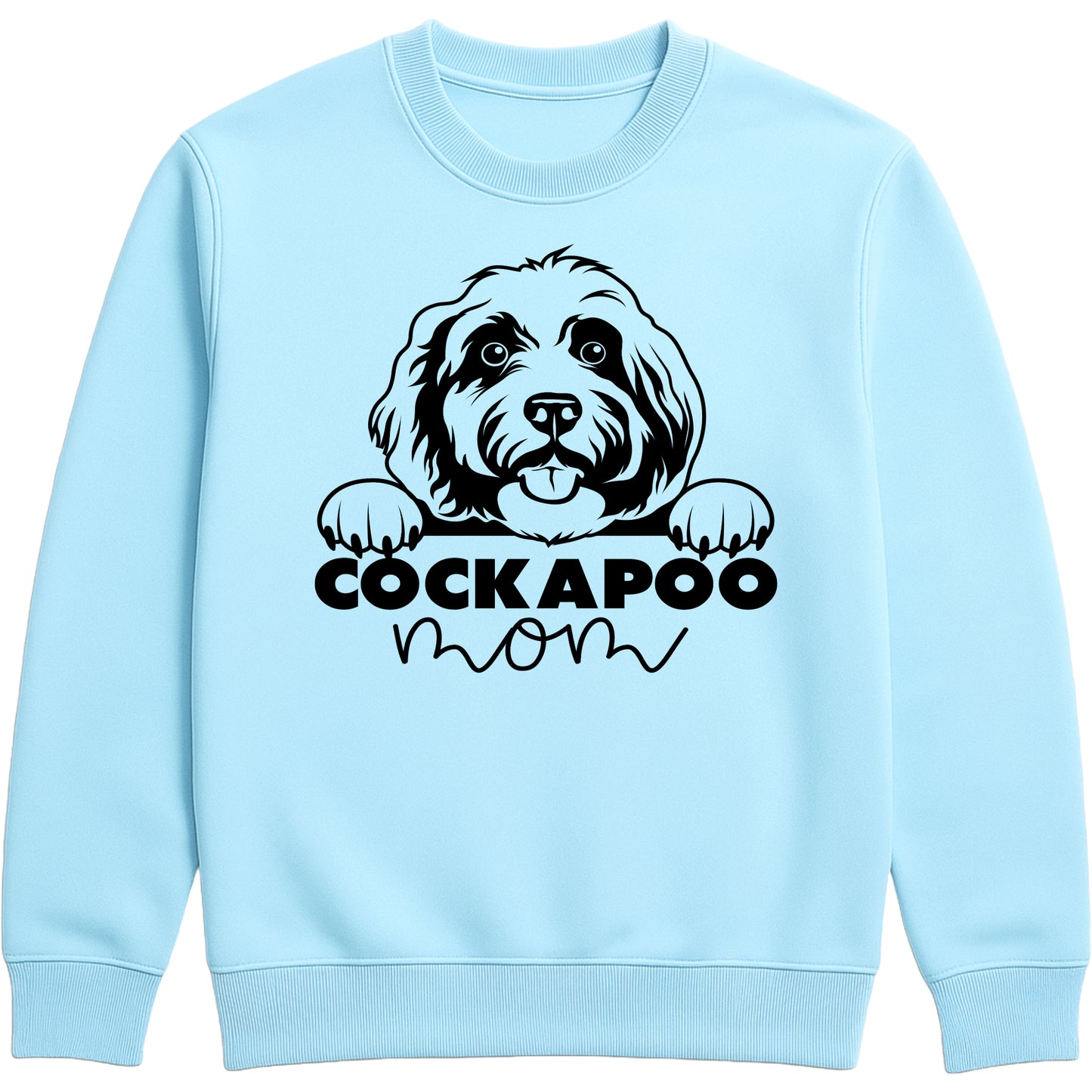 Sky Blue sweatshirt with "Cockapoo Mom" text and a cute Cockapoo face graphic, perfect for dog moms and pet lovers.