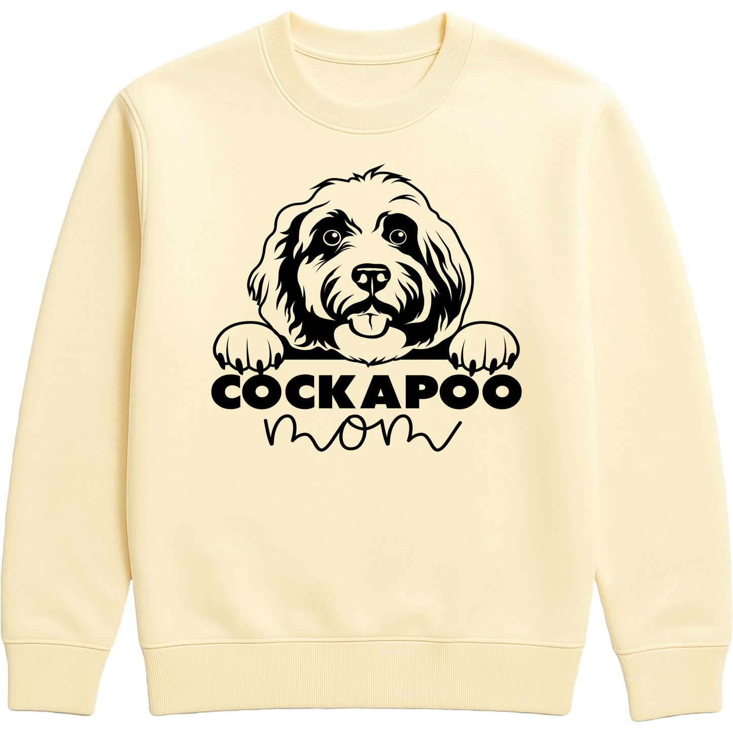 Vanilla Milkshake colour sweatshirt with "Cockapoo Mom" text and a cute Cockapoo face graphic, perfect for dog moms and pet lovers.