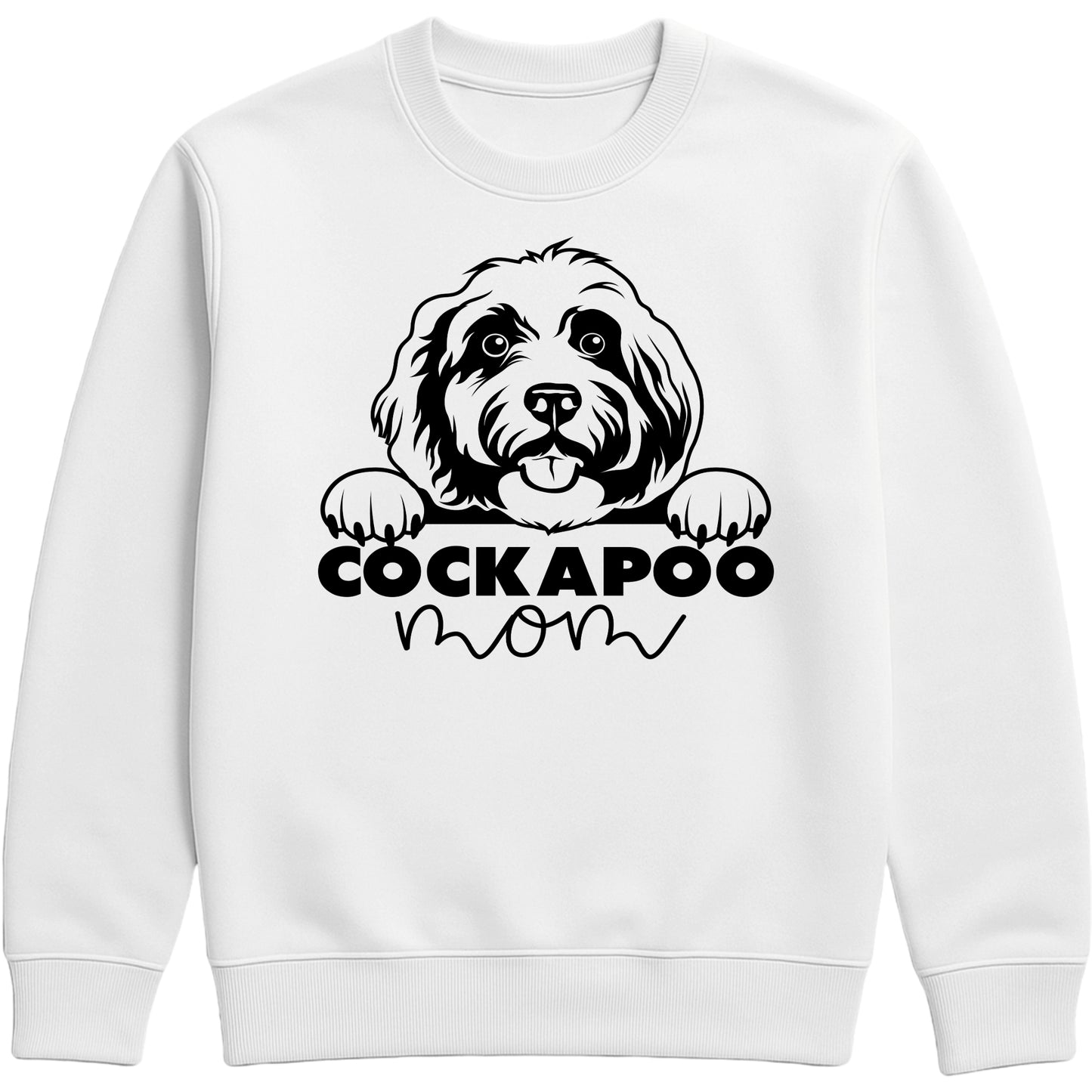 White sweatshirt with "Cockapoo Mom" text and a cute Cockapoo face graphic, perfect for dog moms and pet lovers.