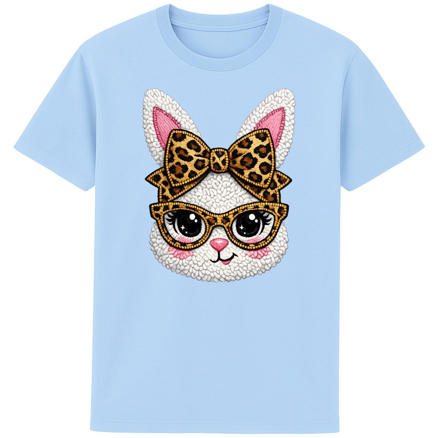 Blue graphic t-shirt featuring a cute fluffy white bunny with bold leopard print glasses and bow, trendy Easter spring outfit