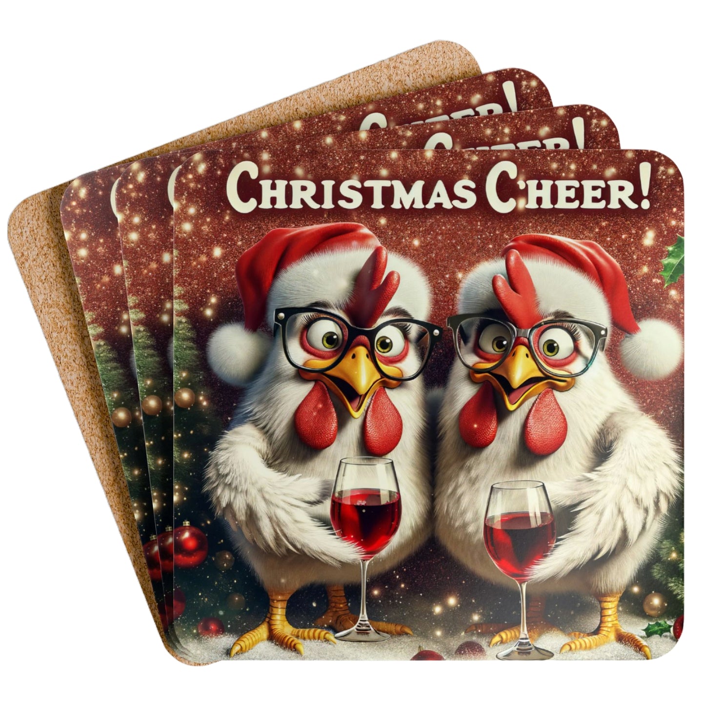 Two cheerful chickens sporting Santa hats and glasses, raising a toast in festive celebration. The vibrant red background adds to the holiday charm, making this coaster a fun and eye-catching addition to any Christmas gathering.