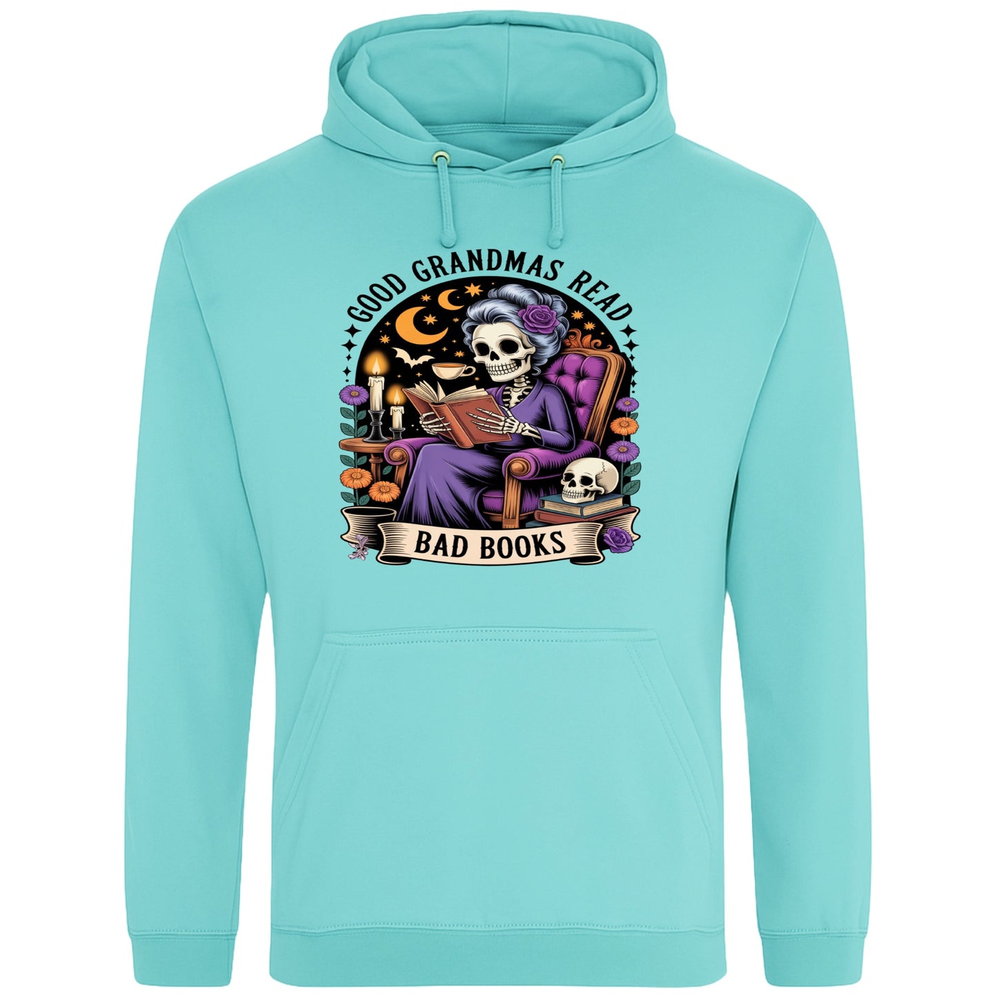 Cosy peppermint colour hoodie with a spooky-cute skeleton grandma reading a “bad” book under moonlight – the perfect mix of bookish and gothic vibes.