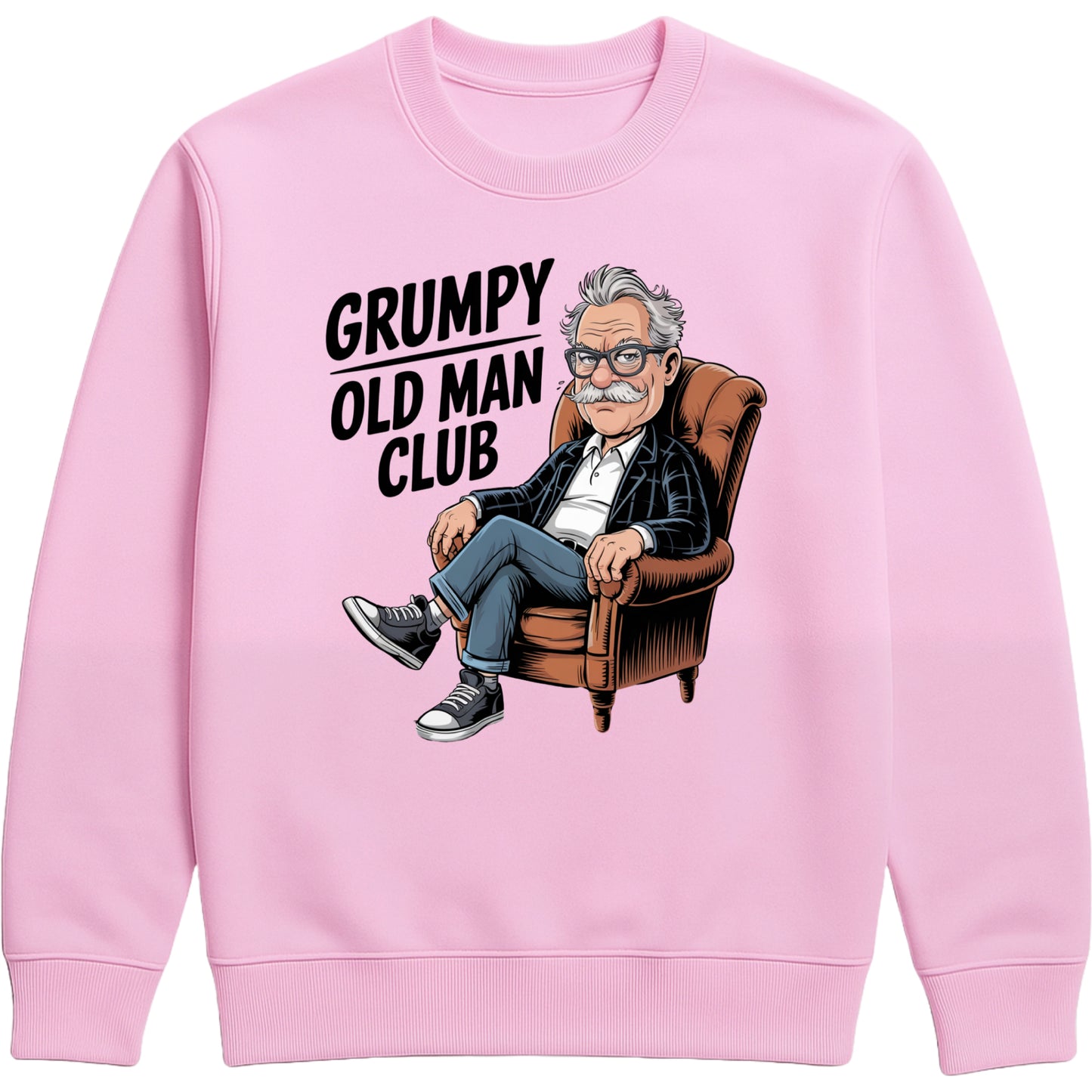 Grumpy Old Man Club sweatshirt pink colour featuring a bold, humorous graphic of a cartoon grandpa sitting in an armchair with a grumpy expression. The design includes playful text and vintage-inspired artwork printed on a soft, cozy crewneck sweatshirt.