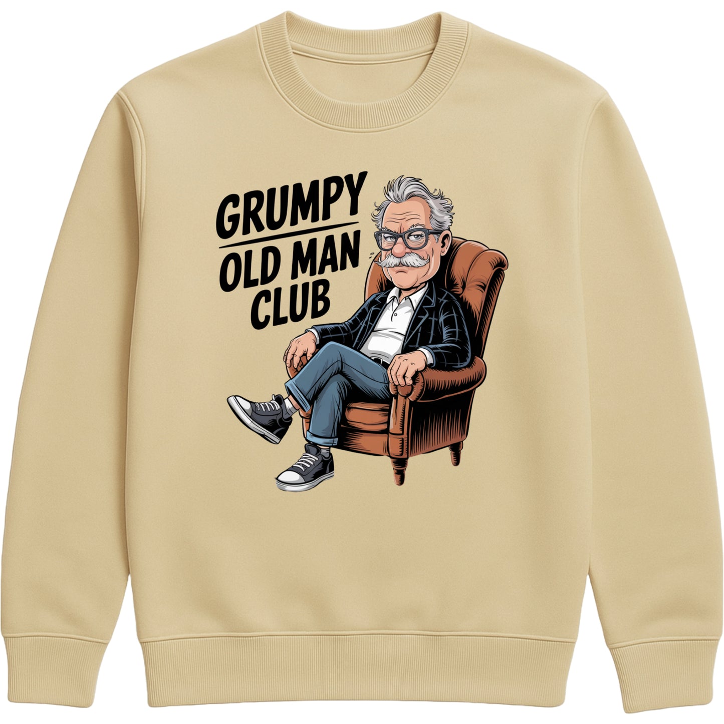 Grumpy Old Man Club sweatshirt desert dust colour featuring a bold, humorous graphic of a cartoon grandpa sitting in an armchair with a grumpy expression. The design includes playful text and vintage-inspired artwork printed on a soft, cozy crewneck sweatshirt.