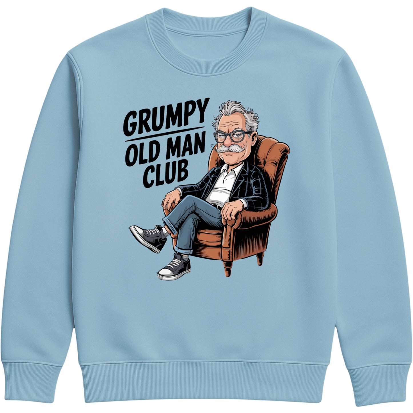Grumpy Old Man Club sweatshirt ice blue colour featuring a bold, humorous graphic of a cartoon grandpa sitting in an armchair with a grumpy expression. The design includes playful text and vintage-inspired artwork printed on a soft, cozy crewneck sweatshirt.