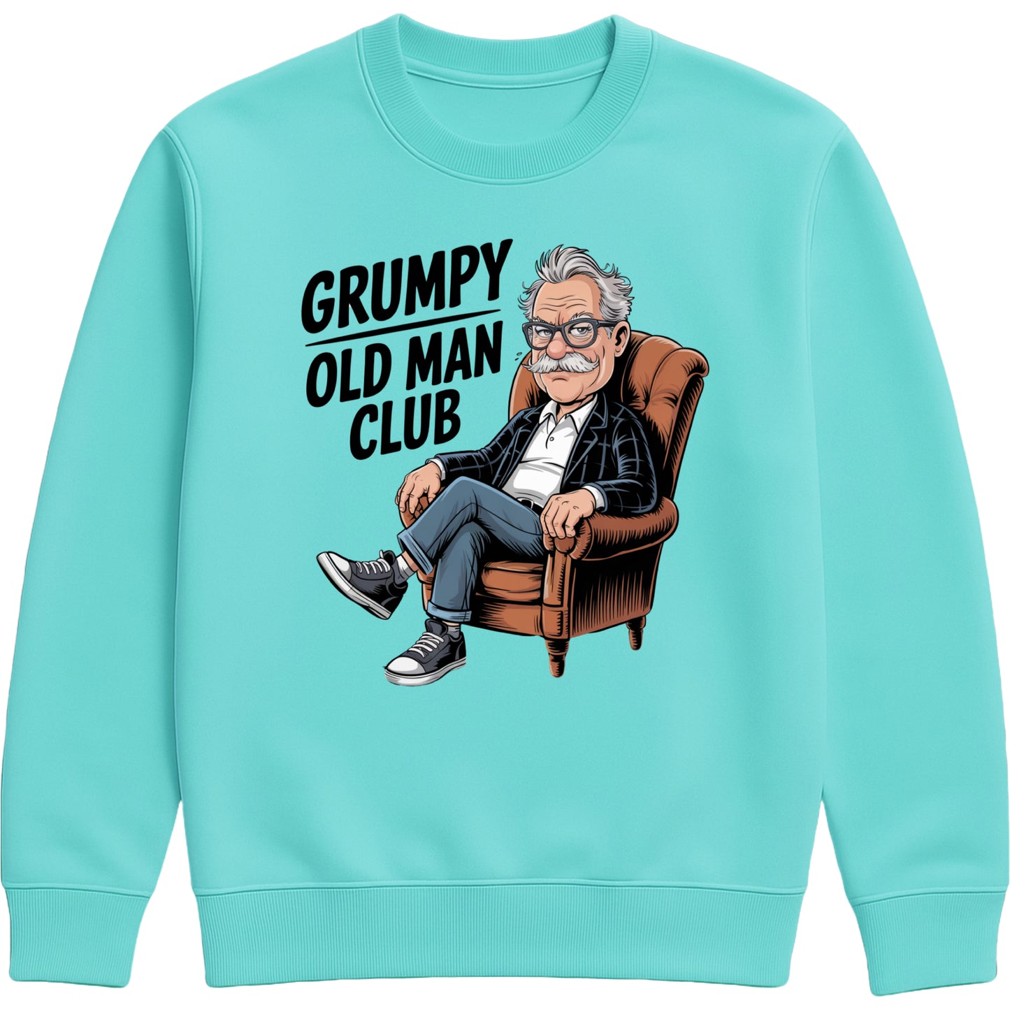 Grumpy Old Man Club sweatshirt peppermint colour featuring a bold, humorous graphic of a cartoon grandpa sitting in an armchair with a grumpy expression. The design includes playful text and vintage-inspired artwork printed on a soft, cozy crewneck sweatshirt.