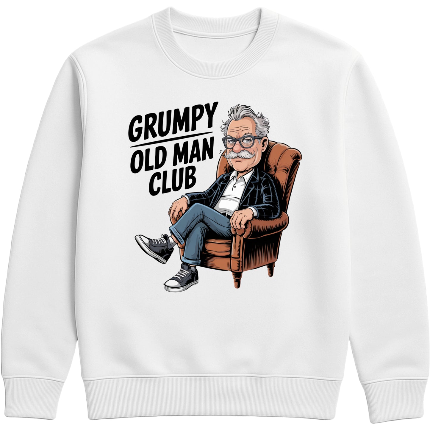 Grumpy Old Man Club white sweatshirt featuring a bold, humorous graphic of a cartoon grandpa sitting in an armchair with a grumpy expression. The design includes playful text and vintage-inspired artwork printed on a soft, cozy crewneck sweatshirt.