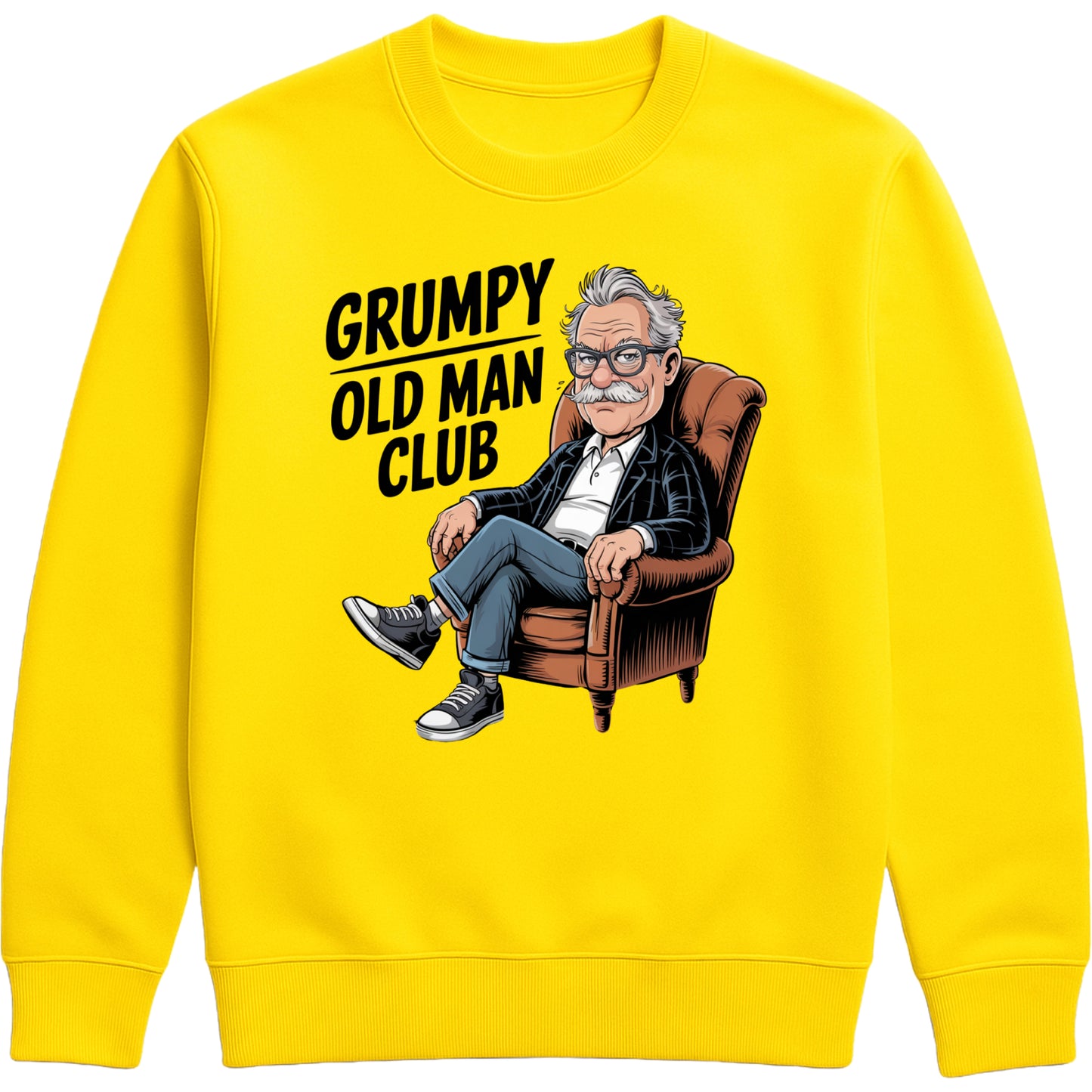 Grumpy Old Man Club sweatshirt in yellow featuring a cartoon grumpy old man sitting in a chair. Funny old man sweatshirt, retirement gift for men, and humorous gift for dads and grandads.