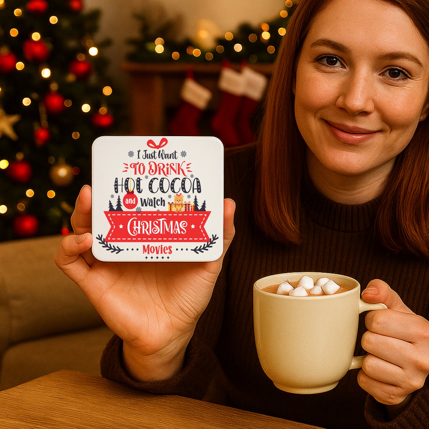 A woman holding a festive coaster with the phrase "I Just Want to Drink Hot Cocoa and Watch Christmas Movies" featuring holiday graphics like a teddy bear and snowflakes.
