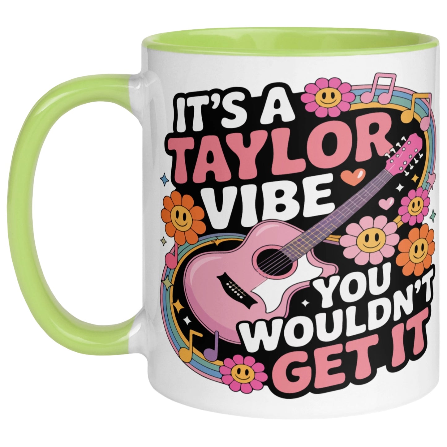 It's A Taylor Vibe You Wouldn't Get It retro music coffee mug with a colourful guitar, flowers, rainbow accents, musical notes, and playful typography, featuring a green handle and interior for pop music lovers.