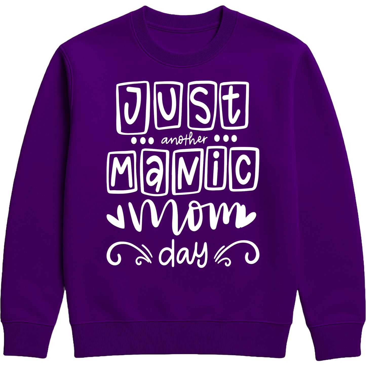A purple sweatshirt with 'Just Another Manic Mom Day' printed on the front, styled for casual everyday wear, perfect for moms balancing busy lives.
