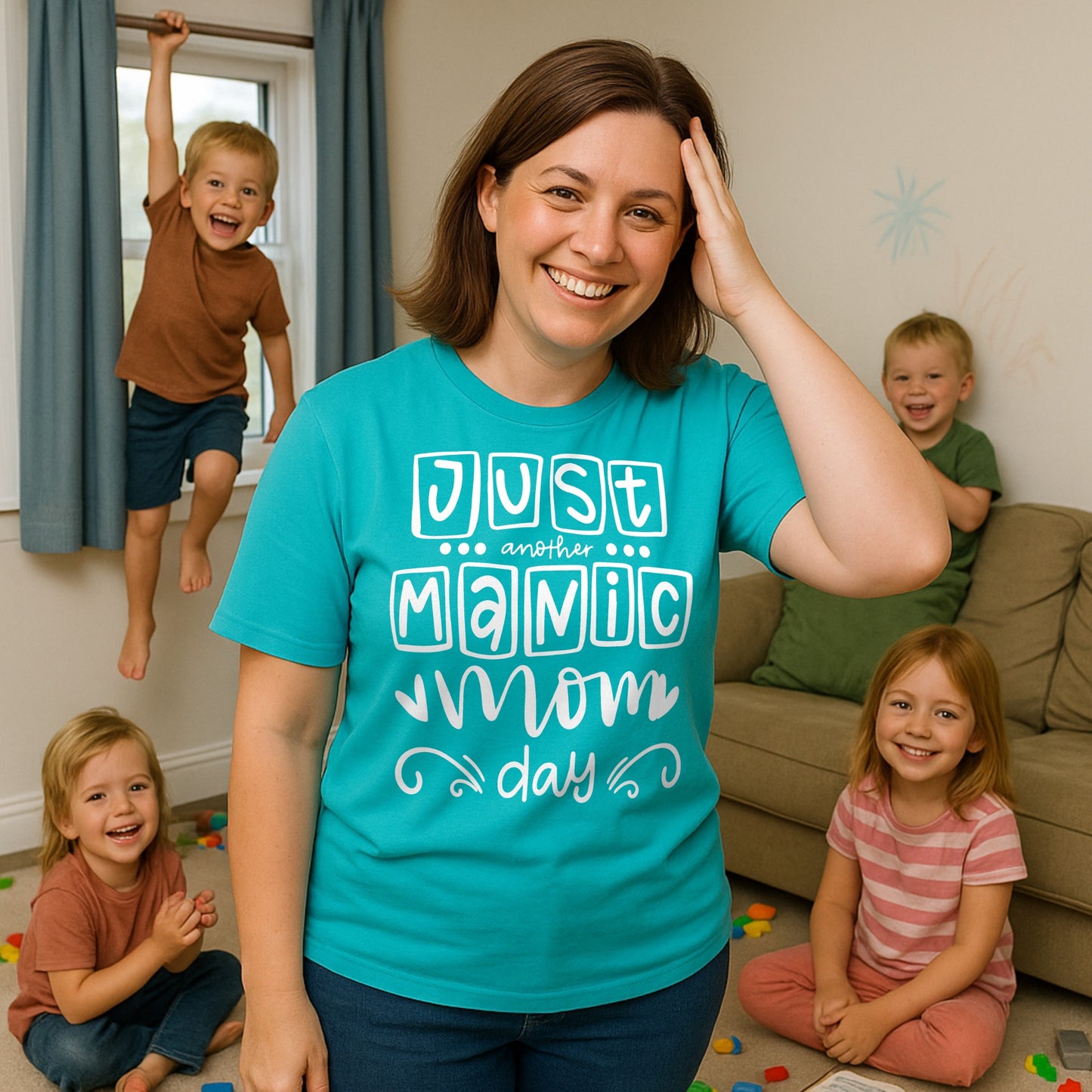 A pool blue t-shirt featuring the bold, playful phrase “Just Another Manic Mom Day” across the front in white lettering. The shirt is styled casually, perfect for everyday mom life, offering a comfortable fit ideal for running errands, school drop-offs, or relaxing at home. This funny and relatable tee captures the chaos and humor of motherhood, making it a go-to wardrobe staple for busy moms who embrace the madness with a smile.