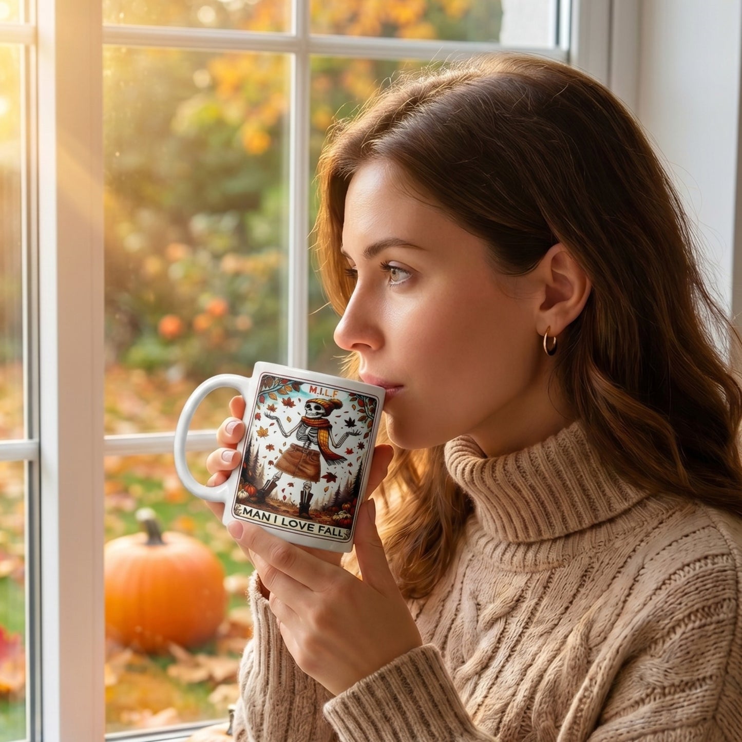 Woman holding a Man I Love Fall coffee mug featuring a skeleton and autumn leaves design, perfect for pumpkin spice season, cosy mornings, and autumn lovers