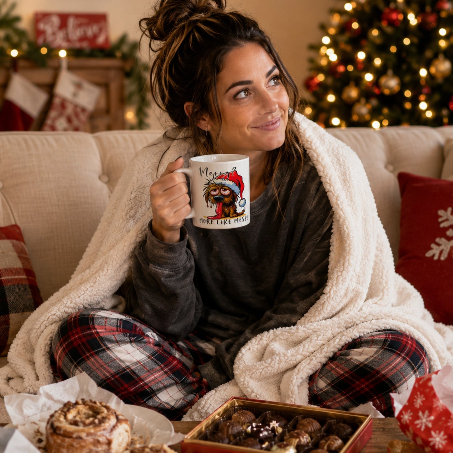 Woman relaxing on a cosy sofa at Christmas holding the Merry? More Like Messy Dog Christmas mug, surrounded by festive decorations, chocolates and a Christmas tree.