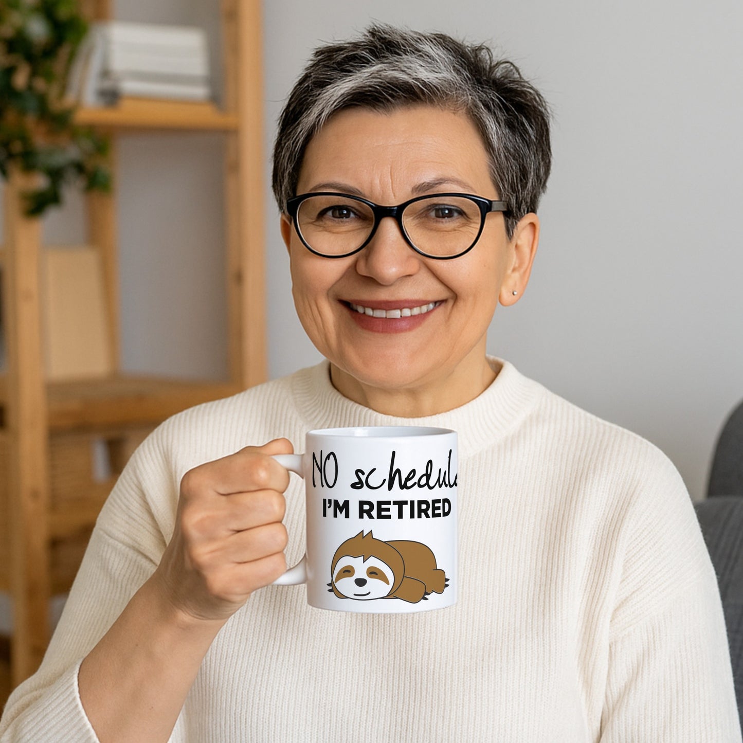 Smiling retired woman holding the No Schedule I'm Retired coffee mug featuring a cute sleeping sloth, shown in a bright home setting as a funny retirement gift.