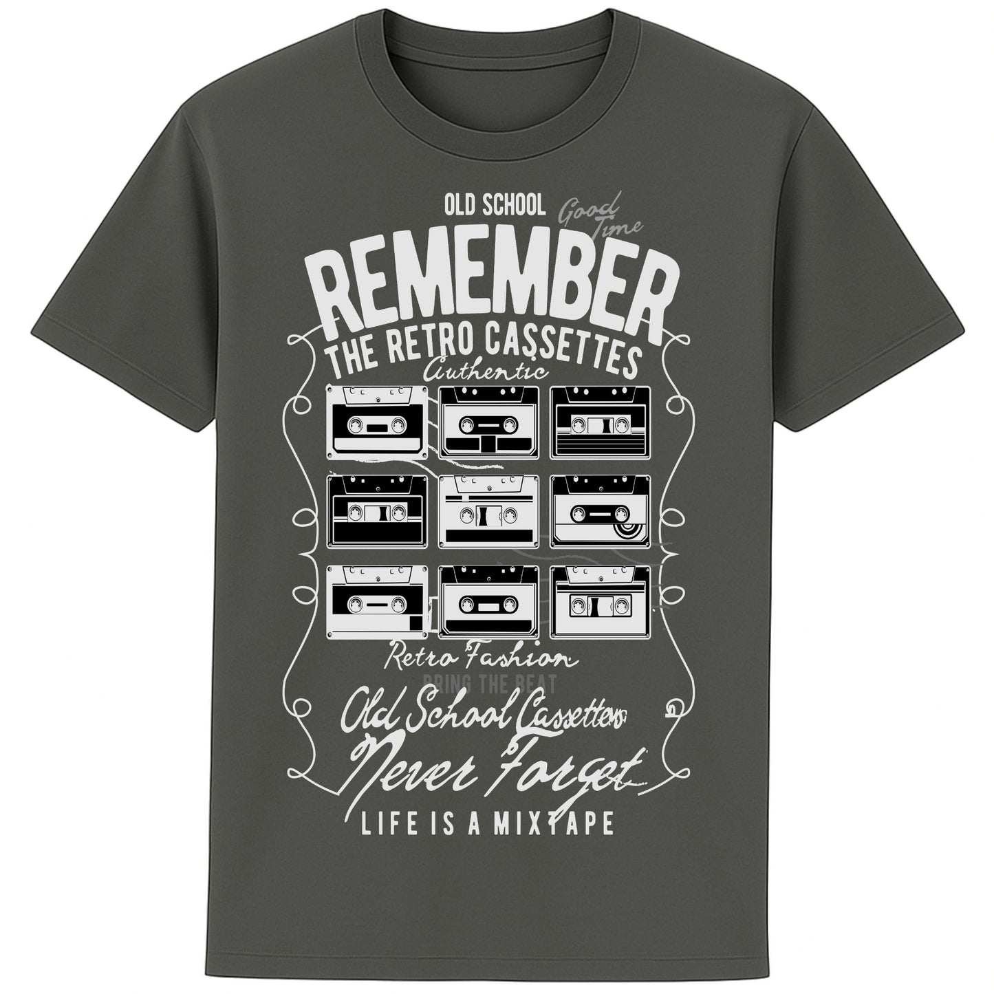 Grey Old-school music lover’s tee featuring colourful cassette tapes and fun retro typography.