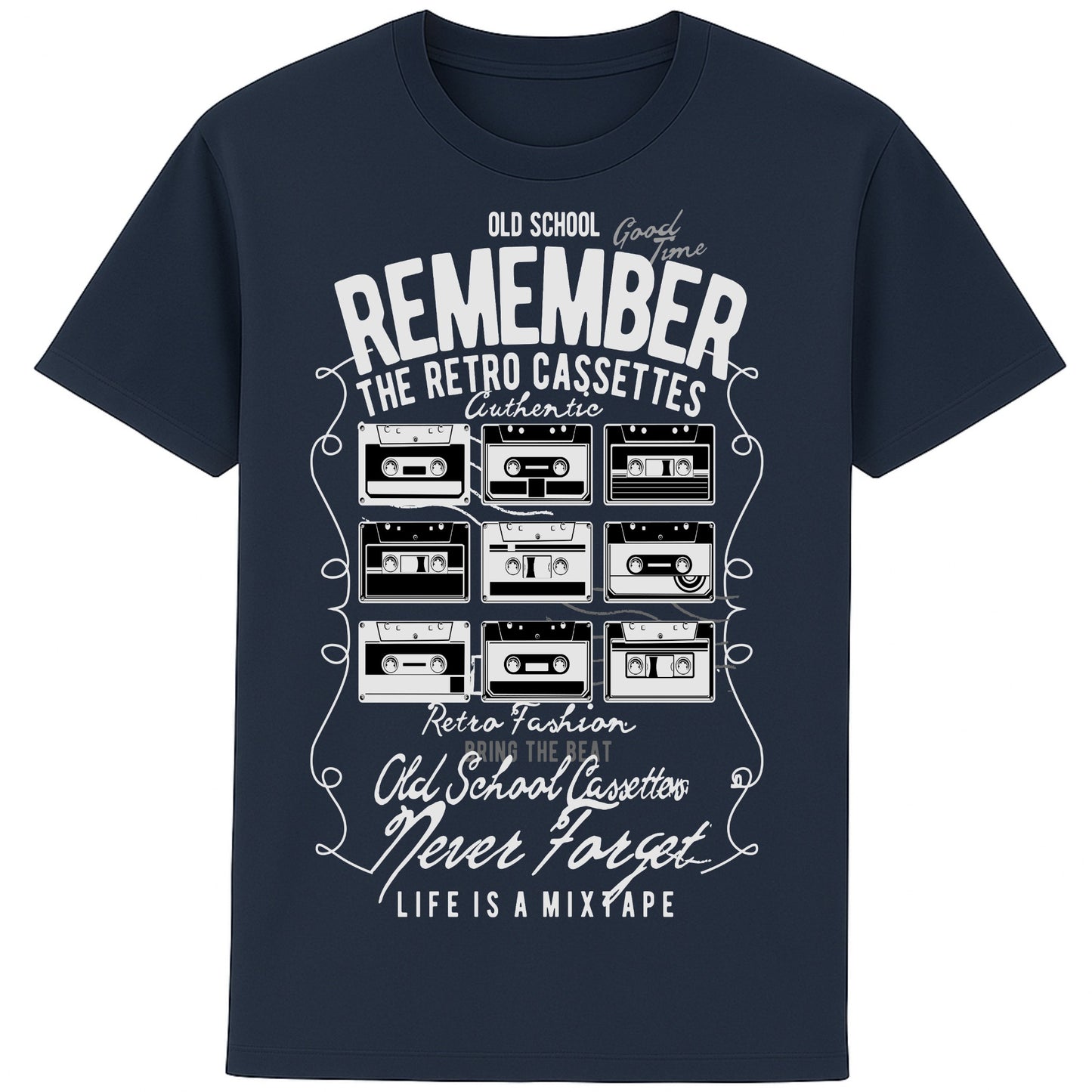 Navy Old-school music lover’s tee featuring colourful cassette tapes and fun retro typography.