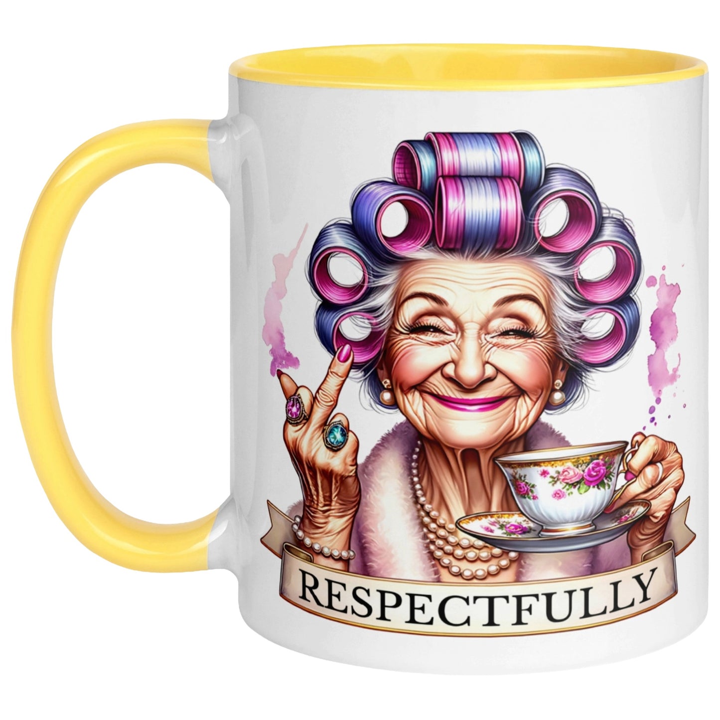 Funny sarcastic coffee mug featuring a sassy grandma with colourful hair rollers, pearls, a teacup and a cheeky middle finger on a white ceramic yellow colour mug.
