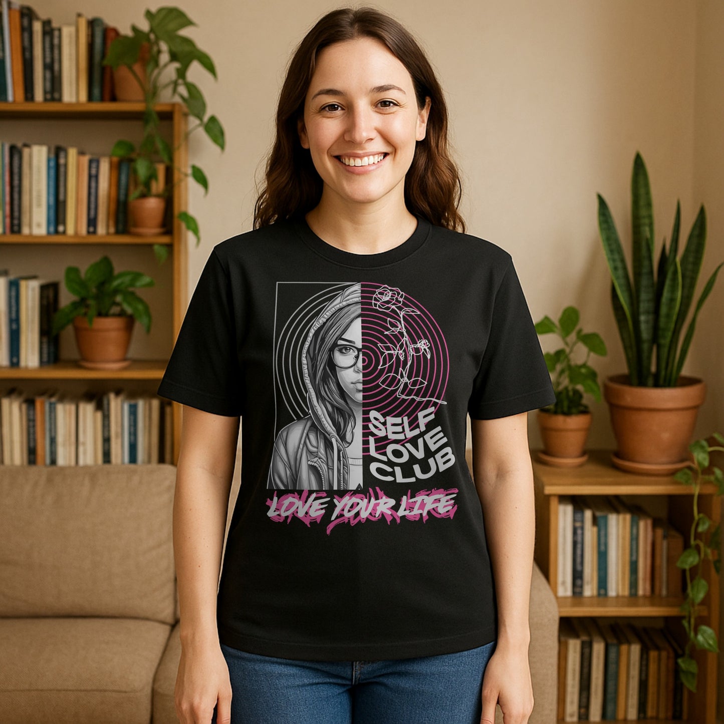 Person wearing a black t-shirt with a graphic design and text with eye-catching design and empowering “Love Your Life” message, styled for modern streetwear fashion