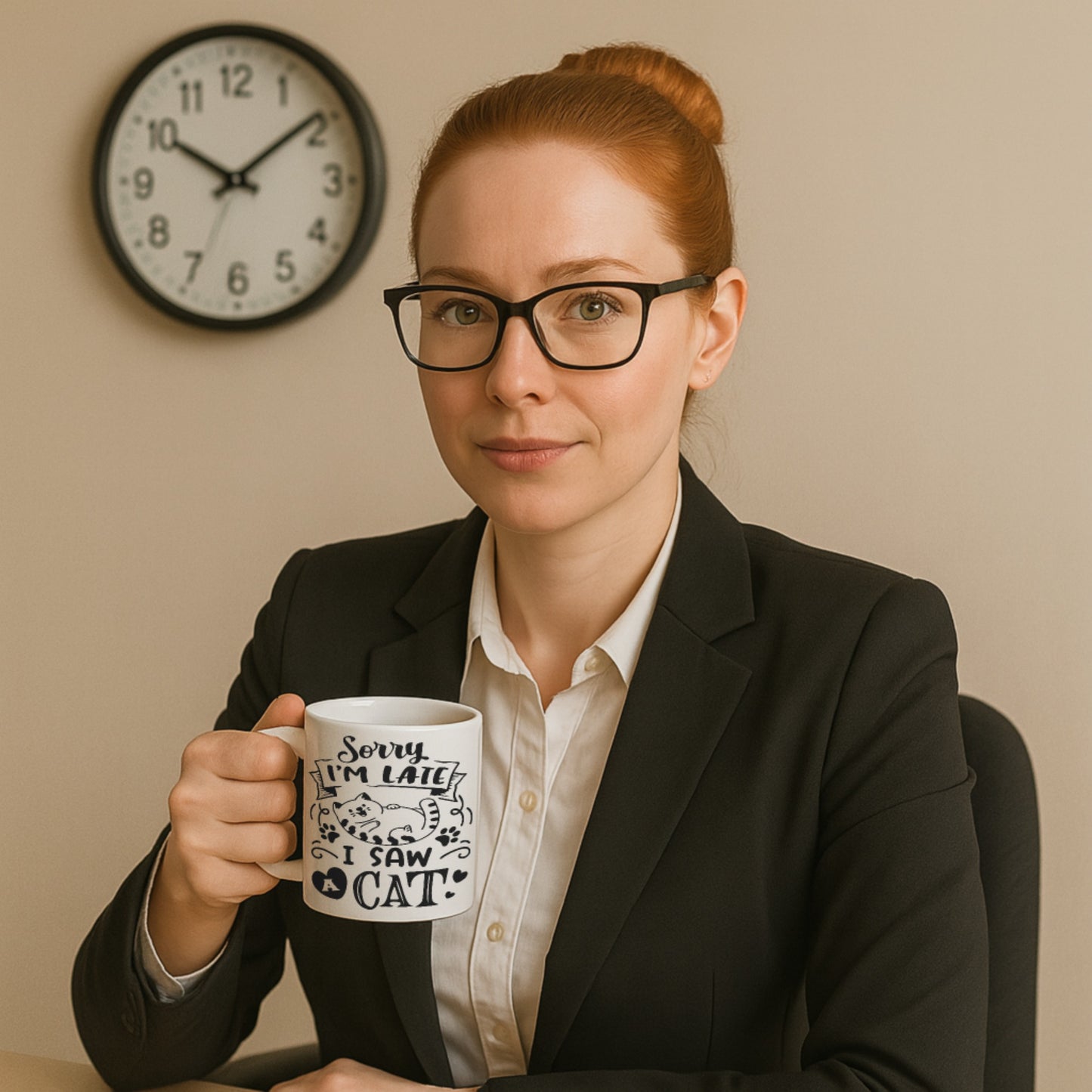 A woman at work holding a mug that says sorry I'm late i saw a cat