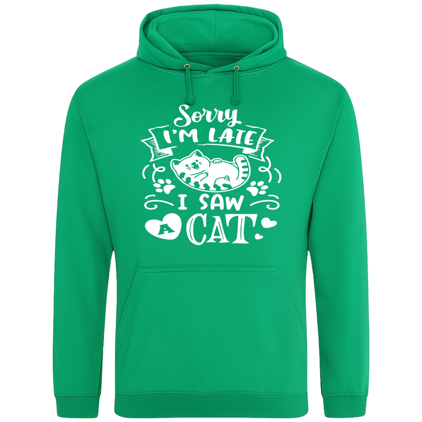 A playful kelly greene hoodie with white text and a charming design on the front. It reads: "Sorry I'm late I saw a cat" accompanied by a cartoon cat illustration, paw prints, and whimsical accents. Perfect for cat lovers and those who embrace their feline-induced tardiness with humor.