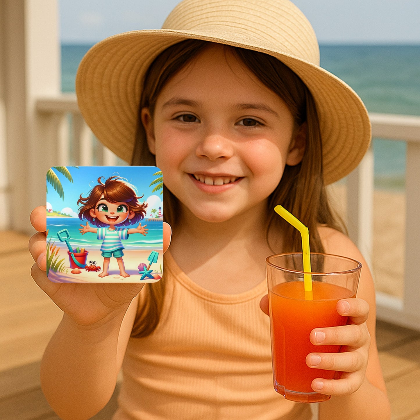 Child holding a glass of juice and a Bright and playful Summer Girl Coaster featuring cheerful beach artwork—perfect for adding coastal vibes, colourful charm, and sunny style to your summer house décor