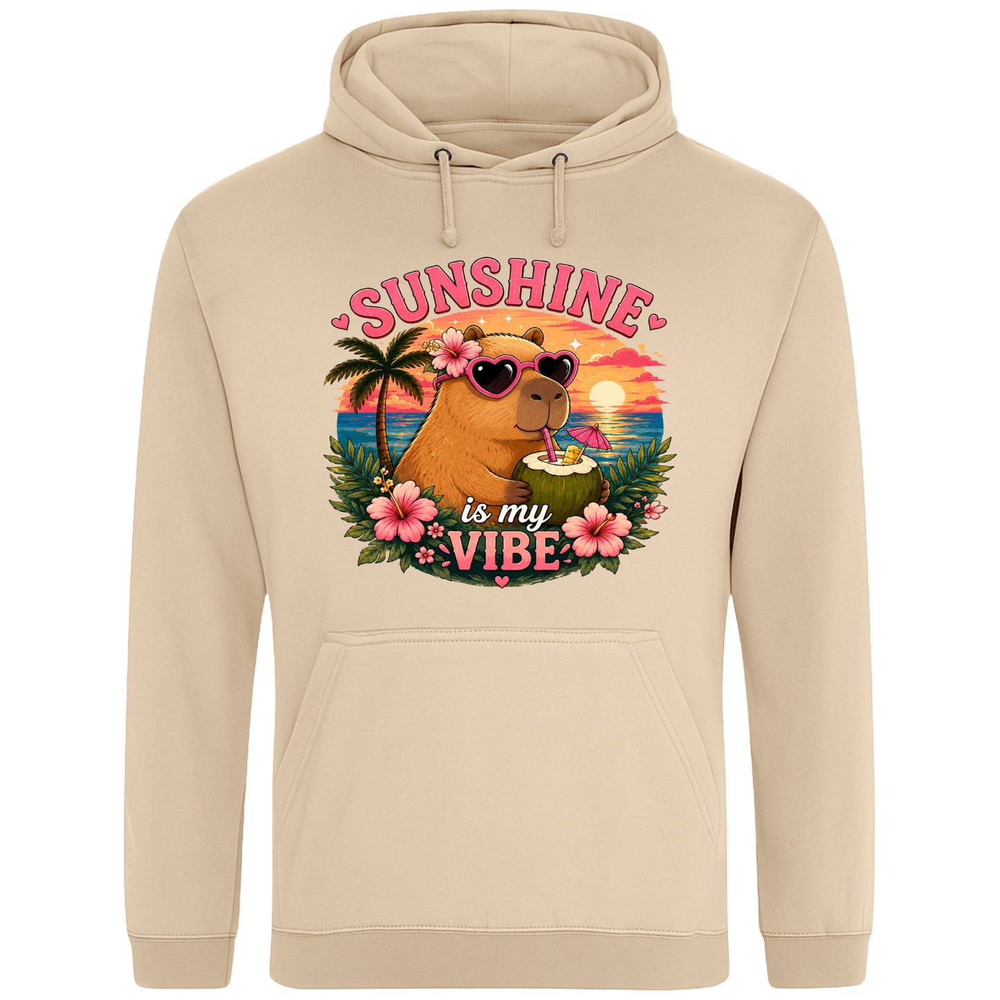 Nude colour Sunshine Is My Vibe Capybara Hoodie featuring a tropical beach graphic with a relaxed capybara, palm trees, hibiscus flowers and a colourful summer sunset.