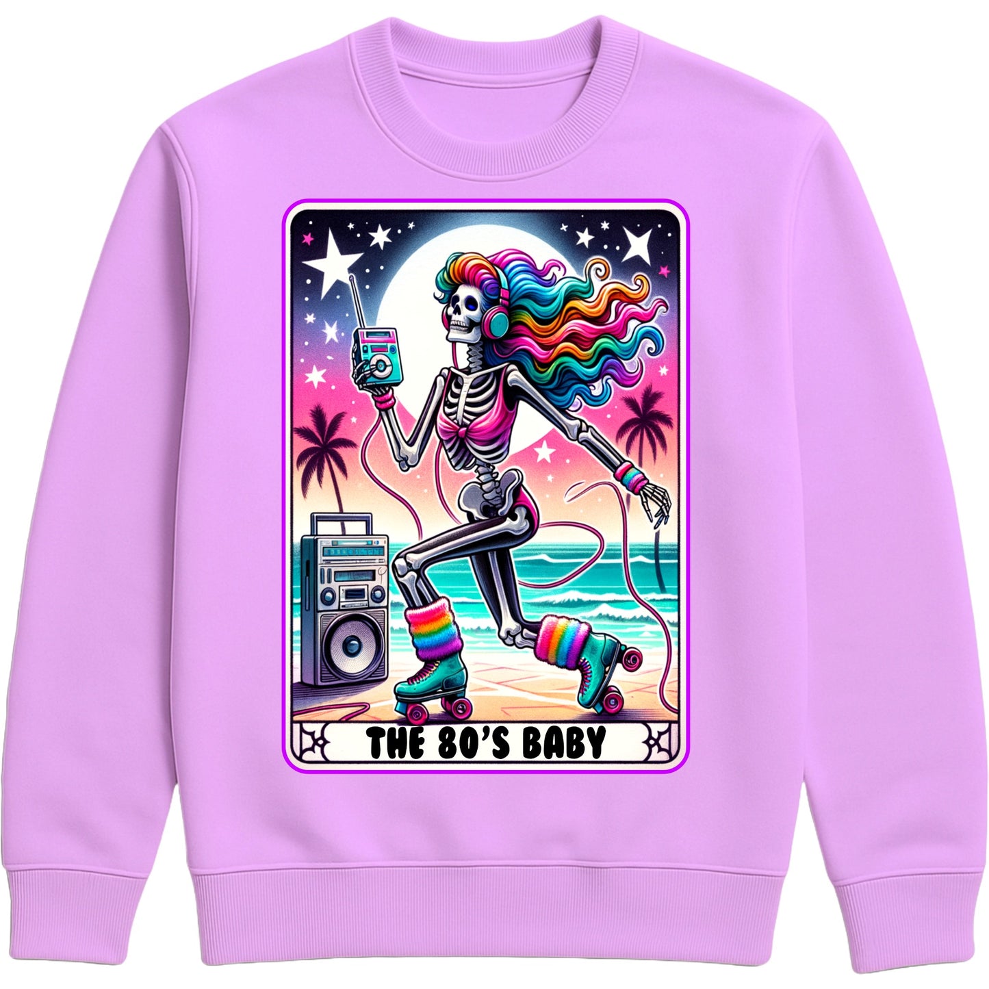 Lavender colour retro 80s sweatshirt with a colorful roller-skating skeleton design, neon rainbow accents, and playful nostalgic vibes for everyday wear.”