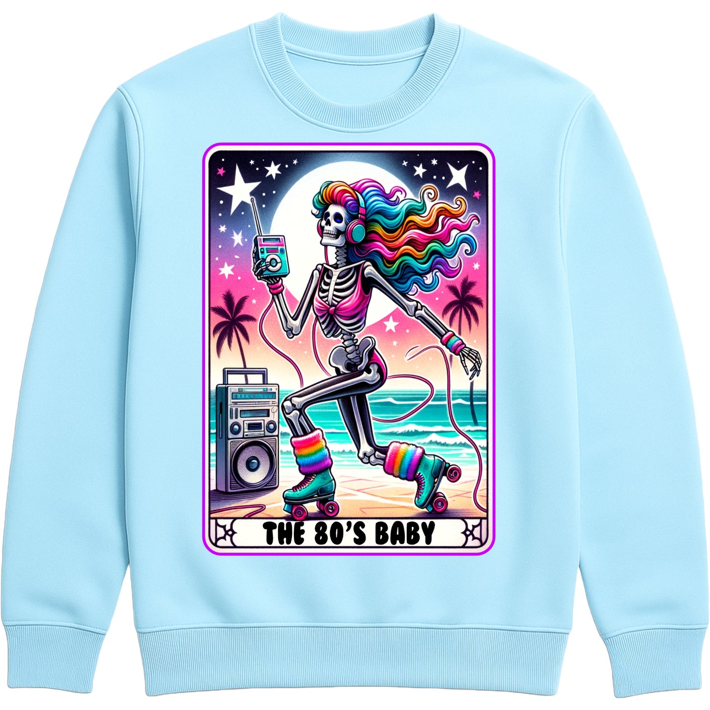 sky blue colour retro 80s sweatshirt with a colorful roller-skating skeleton design, neon rainbow accents, and playful nostalgic vibes for everyday wear.”