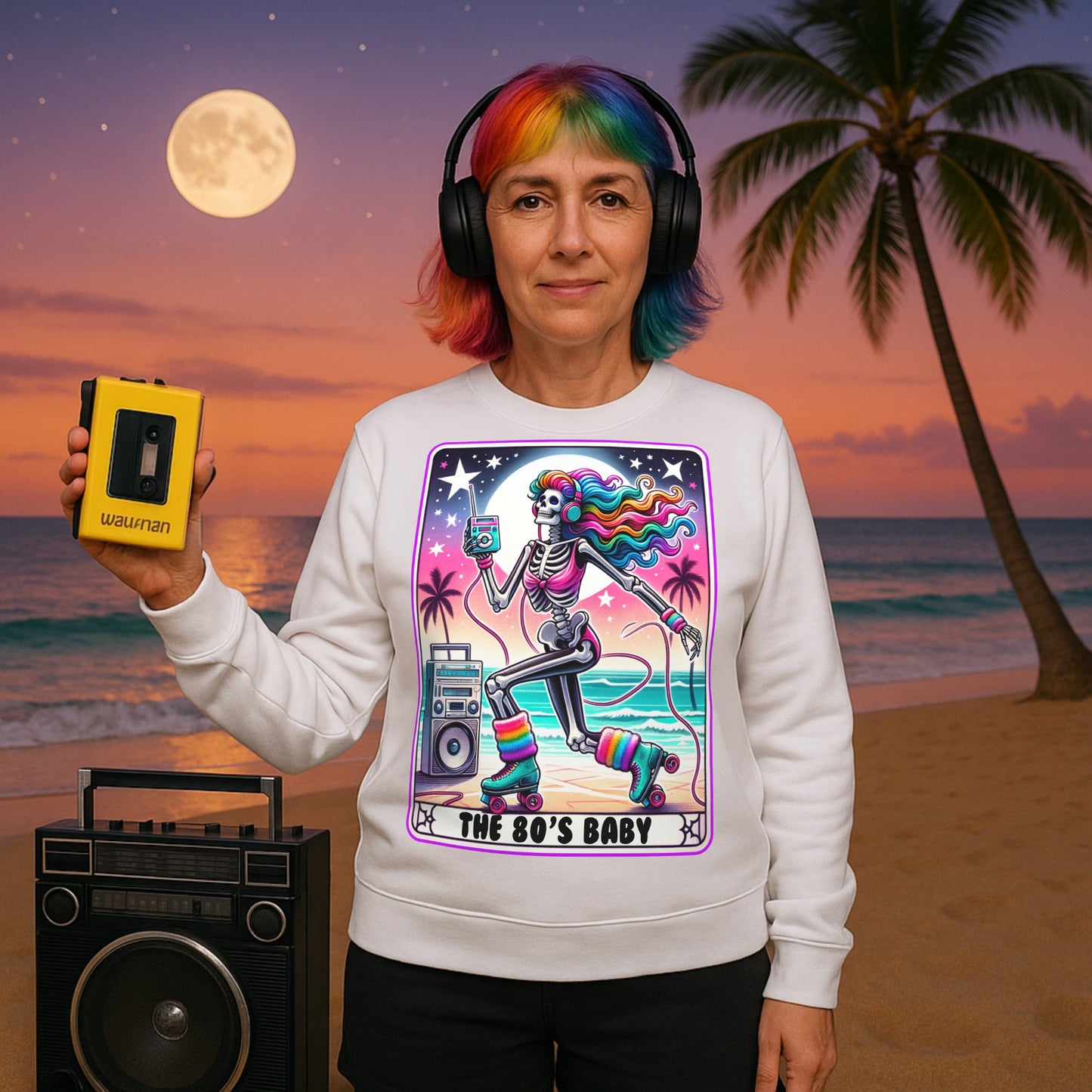A woman wearing a retro 80s sweatshirt with a colourful roller-skating skeleton design, neon rainbow accents, and playful nostalgic vibes for everyday wear.”