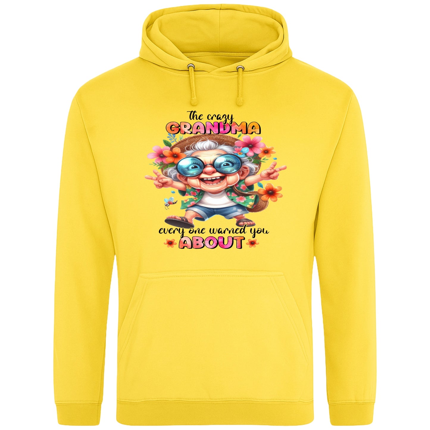 Yellow funny grandma hoodie featuring a colourful cartoon grandma wearing sunglasses with the phrase "The Crazy Grandma Everyone Warned You About", perfect gift for grandma, grandmother birthday gift, Grandparents Day gift, and gift from grandkids.