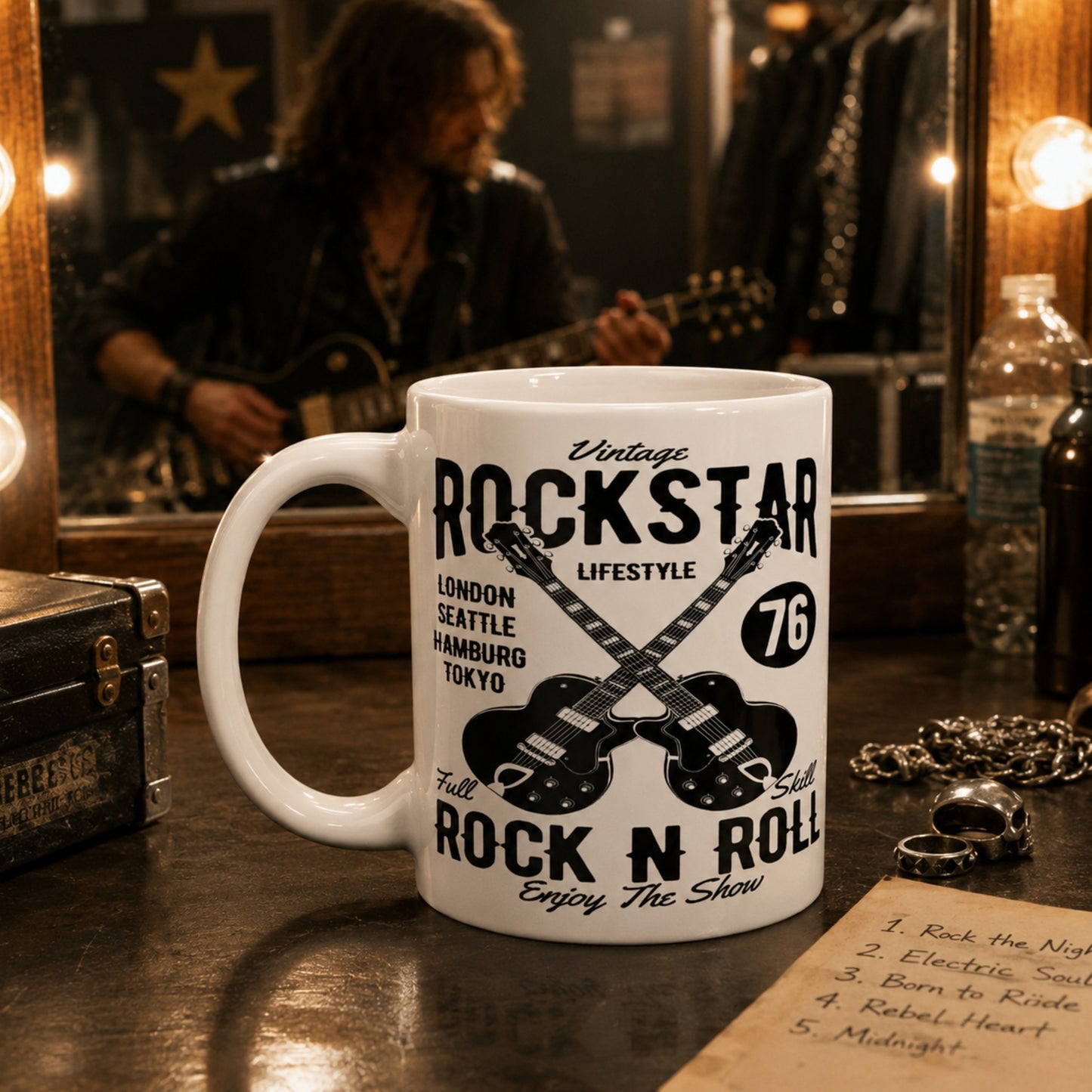 Vintage Rockstar Rock N Roll Mug with retro guitar design on a backstage dressing room table, perfect for music lovers, classic rock fans, guitarists, and coffee lovers.