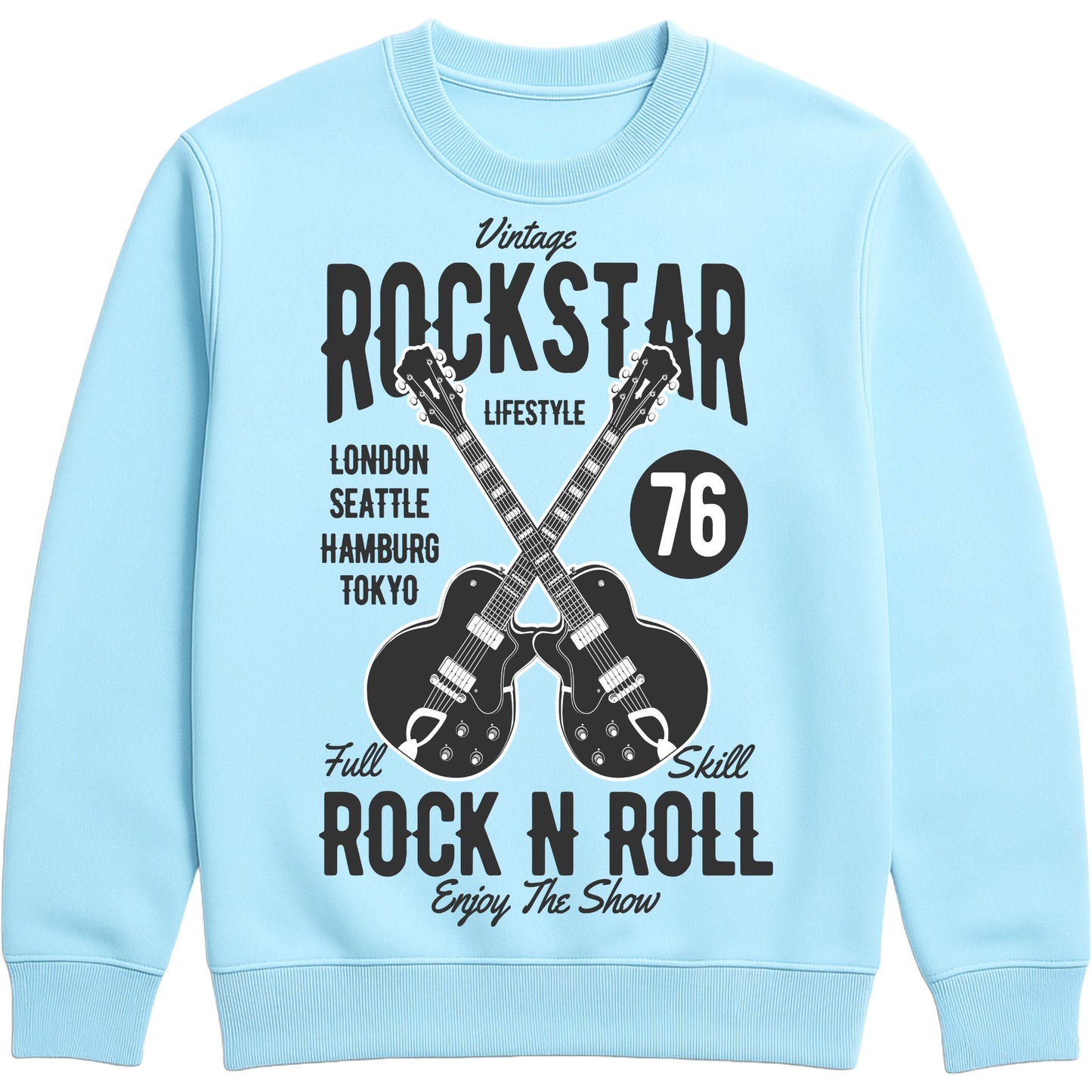 Sky Blue Vintage Rockstar Rock N Roll Sweatshirt featuring crossed electric guitars and a retro rock music graphic, a classic rock sweatshirt for music lovers, guitarists, concerts, festivals, and everyday wear.